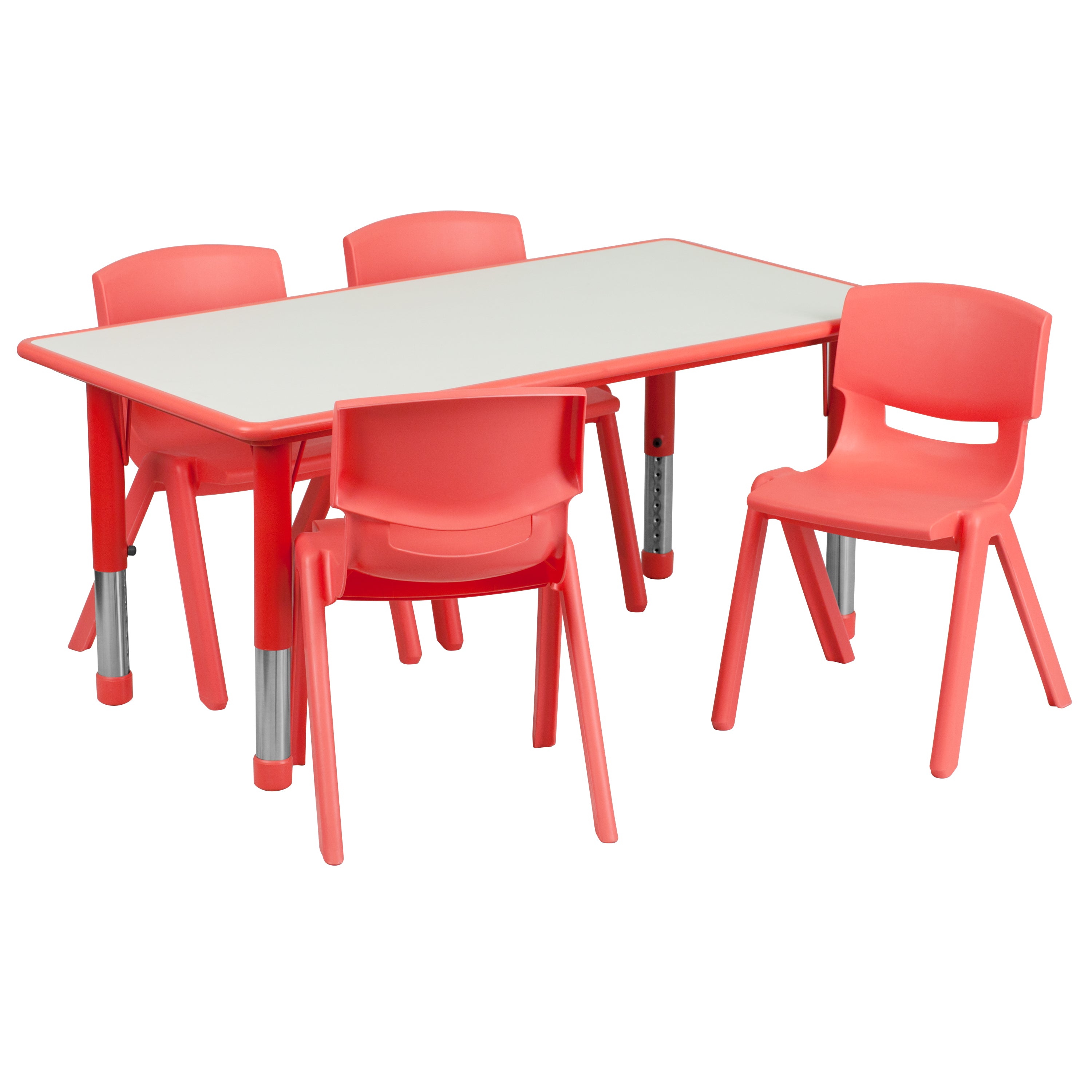Emmy Adjustable Kids Activity Table Set – 23.6" x 47.25" Red/Gray Plastic Table with 4 Red Chairs – Classroom & Daycare Table for Toddlers & Kids
