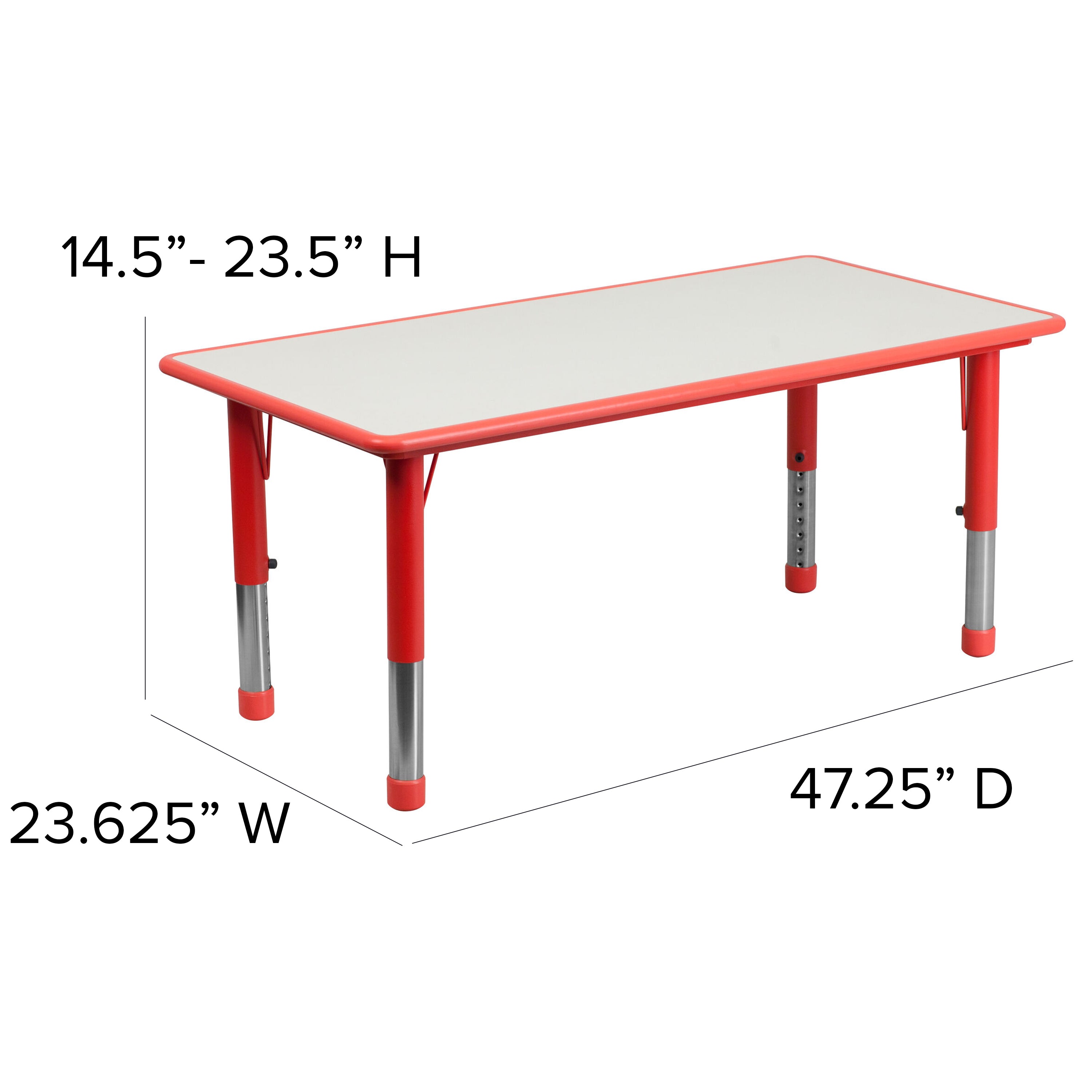 Emmy Adjustable Kids Activity Table Set – 23.6" x 47.25" Red/Gray Plastic Table with 4 Red Chairs – Classroom & Daycare Table for Toddlers & Kids