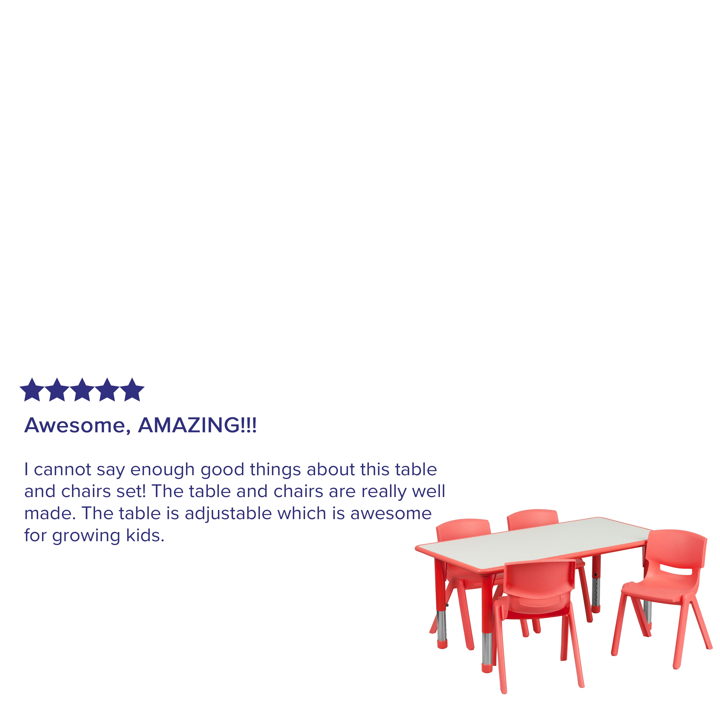 Emmy Adjustable Kids Activity Table Set – 23.6" x 47.25" Red/Gray Plastic Table with 4 Red Chairs – Classroom & Daycare Table for Toddlers & Kids