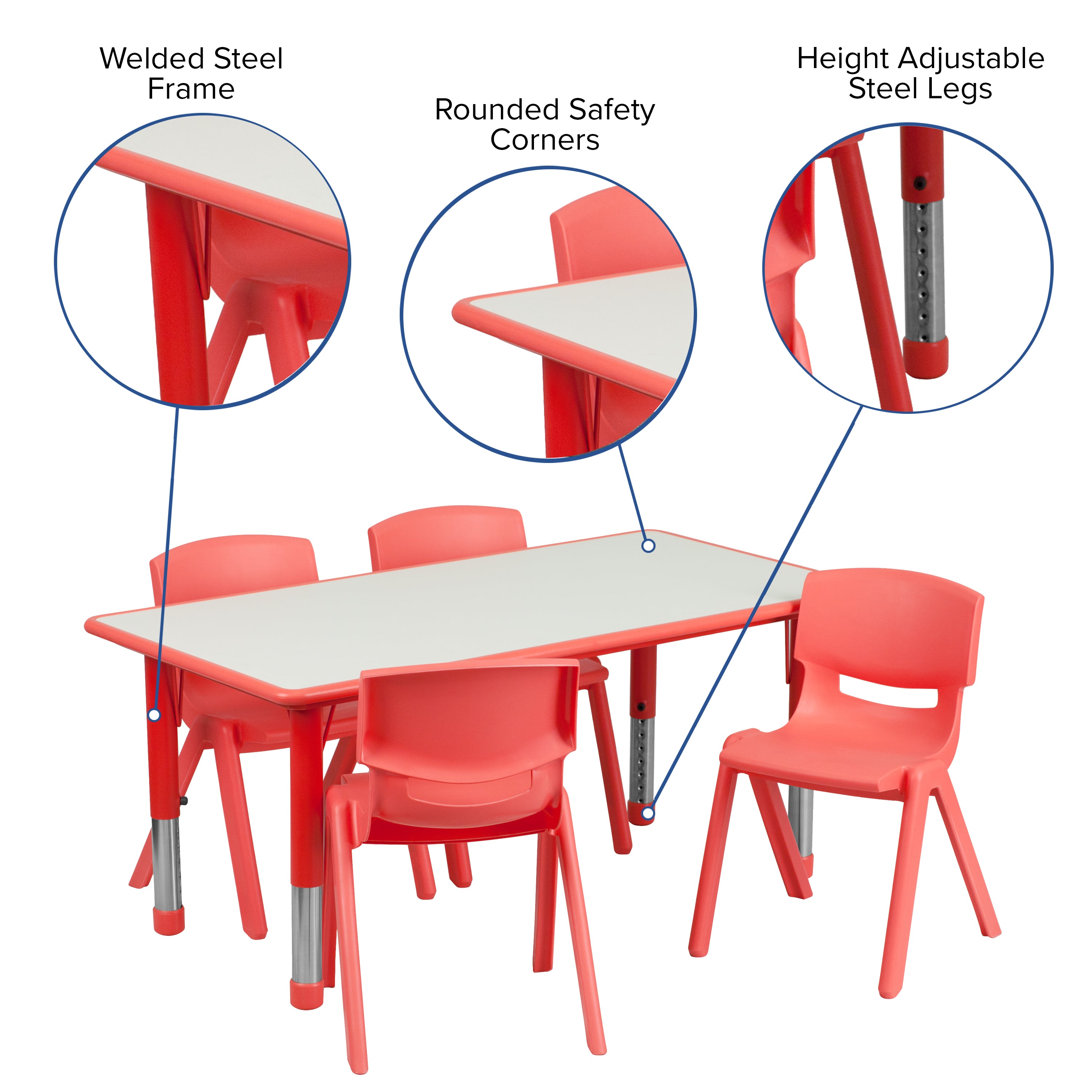 Emmy Adjustable Kids Activity Table Set – 23.6" x 47.25" Red/Gray Plastic Table with 4 Red Chairs – Classroom & Daycare Table for Toddlers & Kids