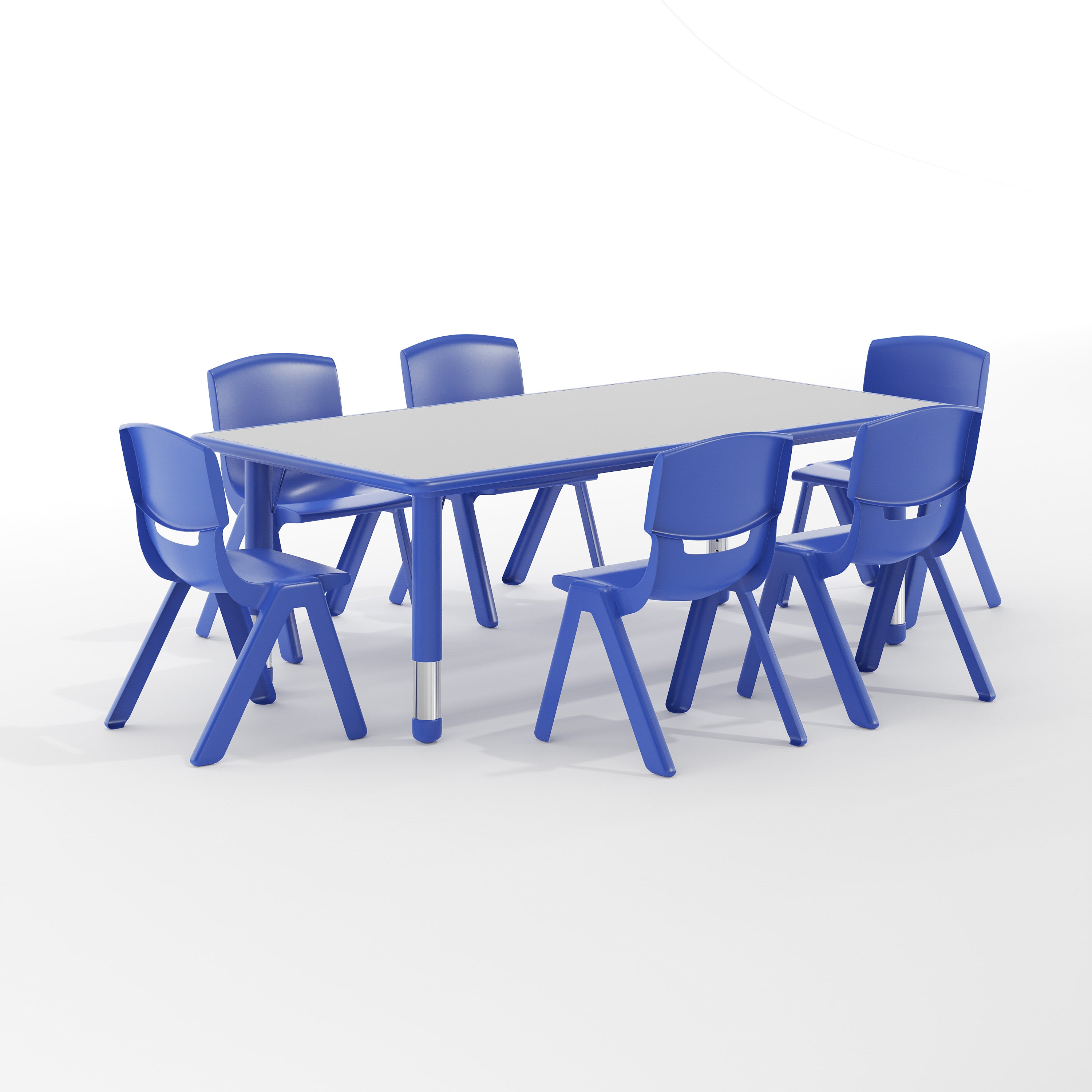 Emmy Adjustable Kids Activity Table Set – 23.6" x 47.25" Blue/Gray Plastic Table with 6 Blue Chairs – Classroom & Daycare Table for Toddlers & Kids