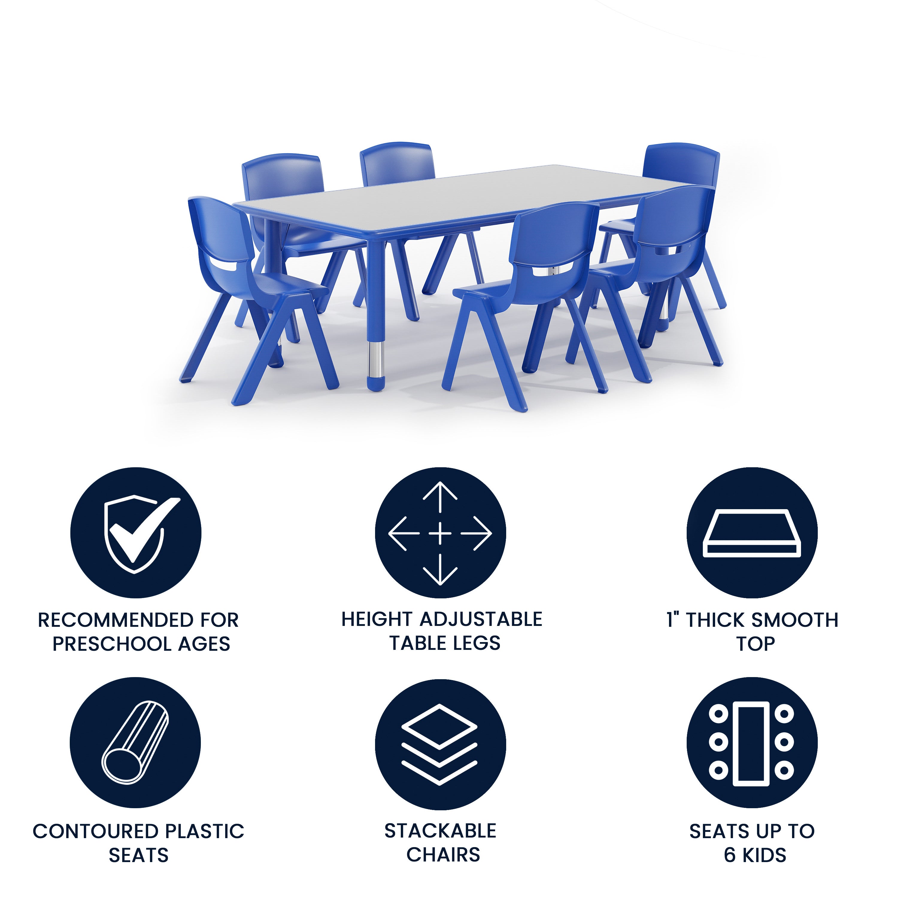 Emmy Adjustable Kids Activity Table Set – 23.6" x 47.25" Blue/Gray Plastic Table with 6 Blue Chairs – Classroom & Daycare Table for Toddlers & Kids