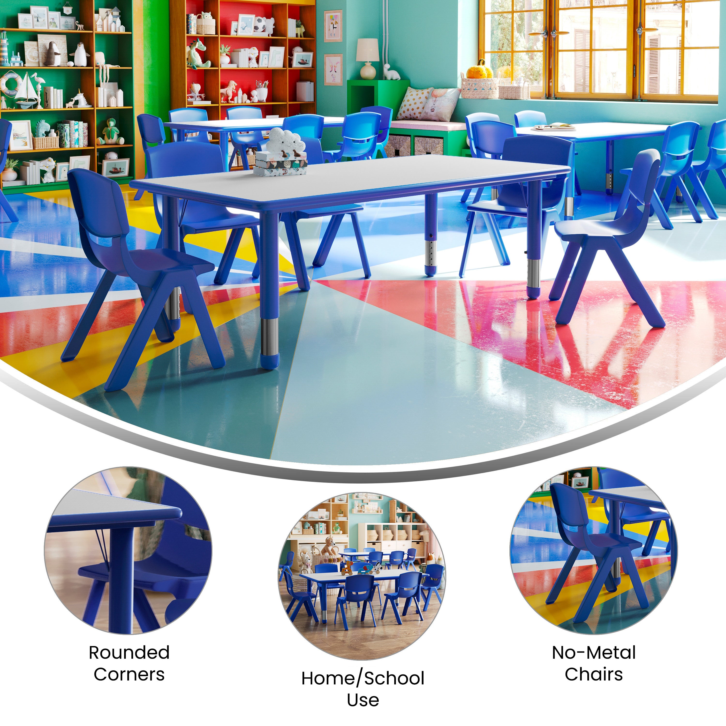 Emmy Adjustable Kids Activity Table Set – 23.6" x 47.25" Blue/Gray Plastic Table with 6 Blue Chairs – Classroom & Daycare Table for Toddlers & Kids