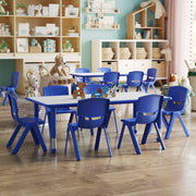 Emmy Adjustable Kids Activity Table Set – 23.6" x 47.25" Blue/Gray Plastic Table with 6 Blue Chairs – Classroom & Daycare Table for Toddlers & Kids