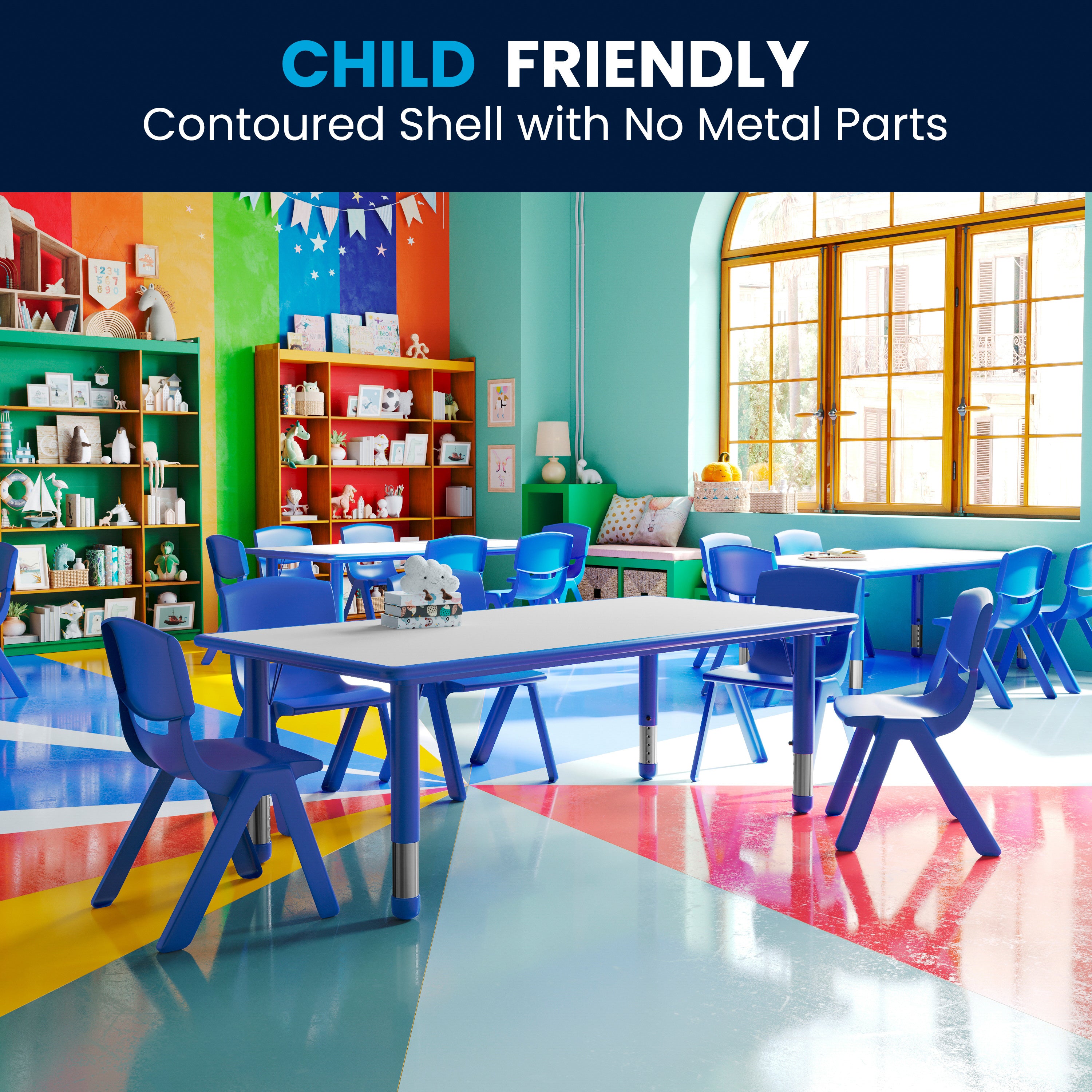 Emmy Adjustable Kids Activity Table Set – 23.6" x 47.25" Blue/Gray Plastic Table with 6 Blue Chairs – Classroom & Daycare Table for Toddlers & Kids
