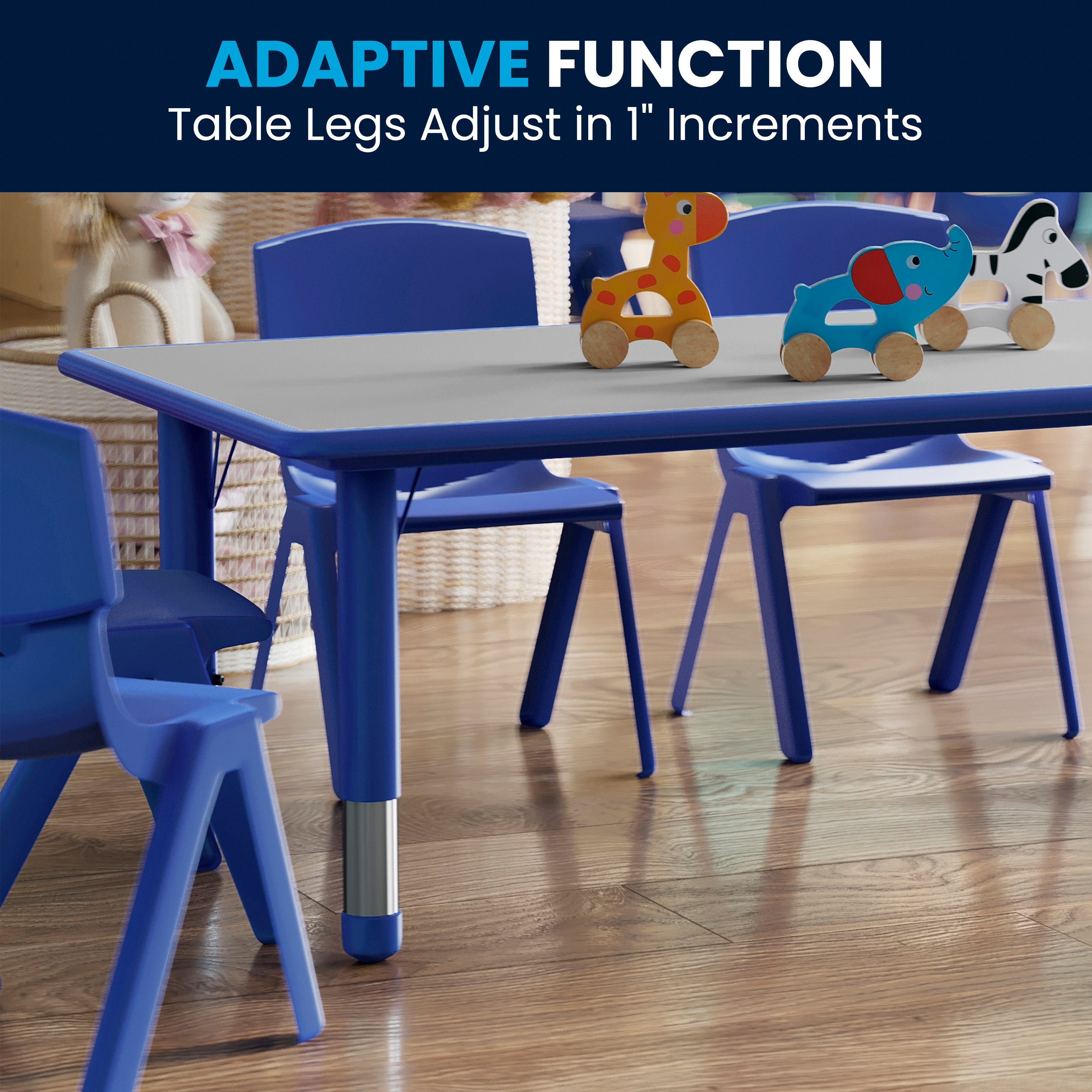 Emmy Adjustable Kids Activity Table Set – 23.6" x 47.25" Blue/Gray Plastic Table with 6 Blue Chairs – Classroom & Daycare Table for Toddlers & Kids