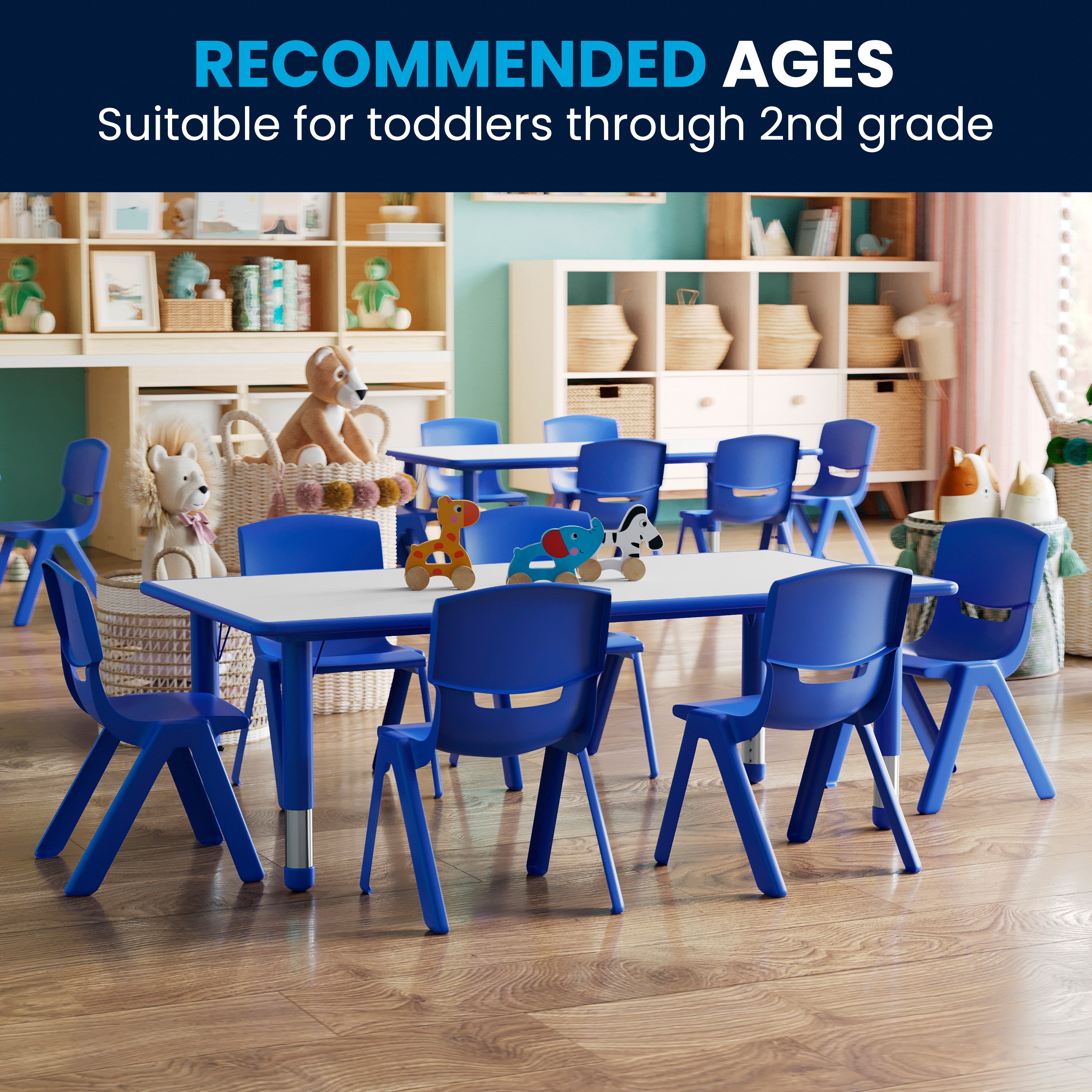 Emmy Adjustable Kids Activity Table Set – 23.6" x 47.25" Blue/Gray Plastic Table with 6 Blue Chairs – Classroom & Daycare Table for Toddlers & Kids