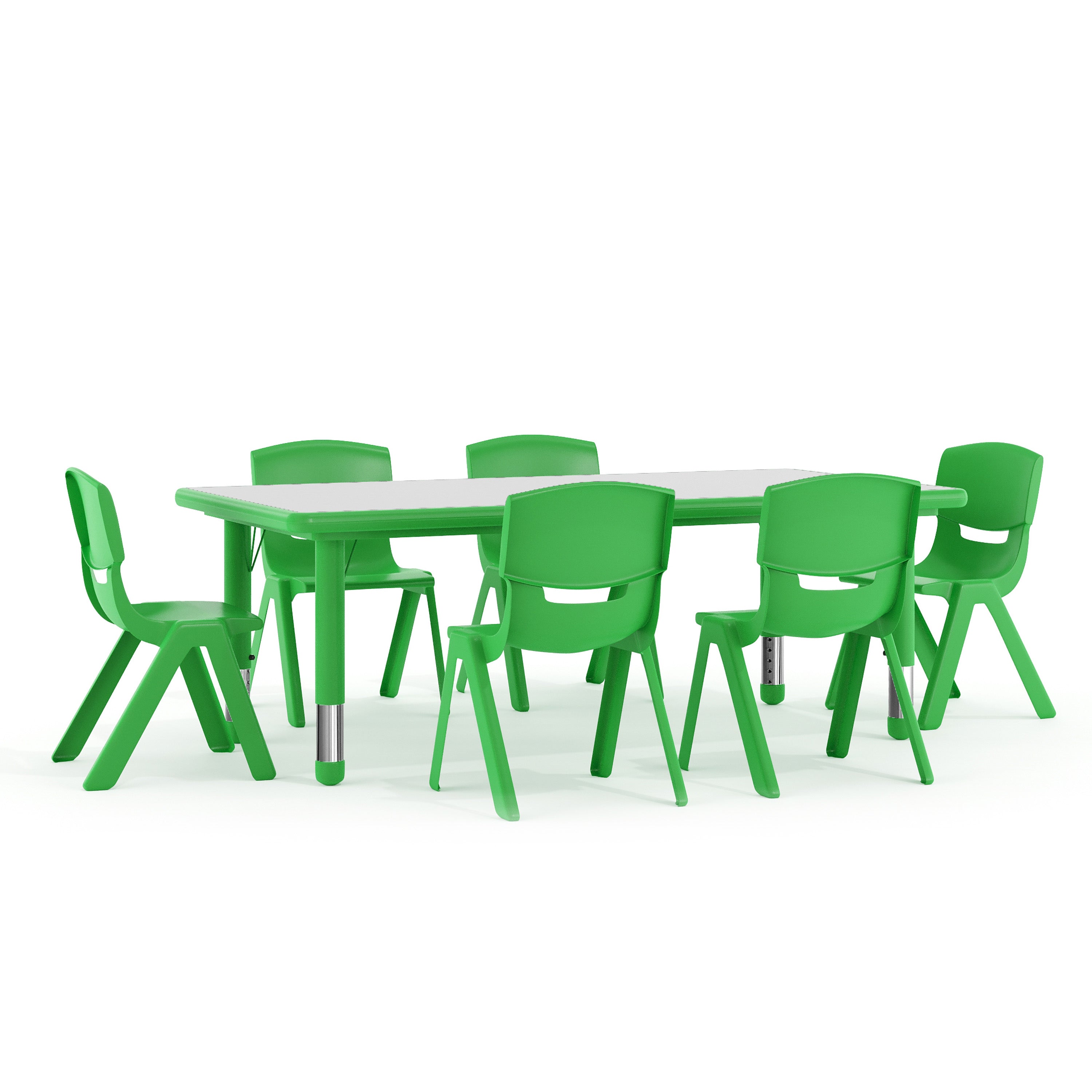 Emmy Adjustable Kids Activity Table Set – 23.6" x 47.25" Green/Gray Plastic Table with 6 Green Chairs – Classroom & Daycare Table for Toddlers & Kids