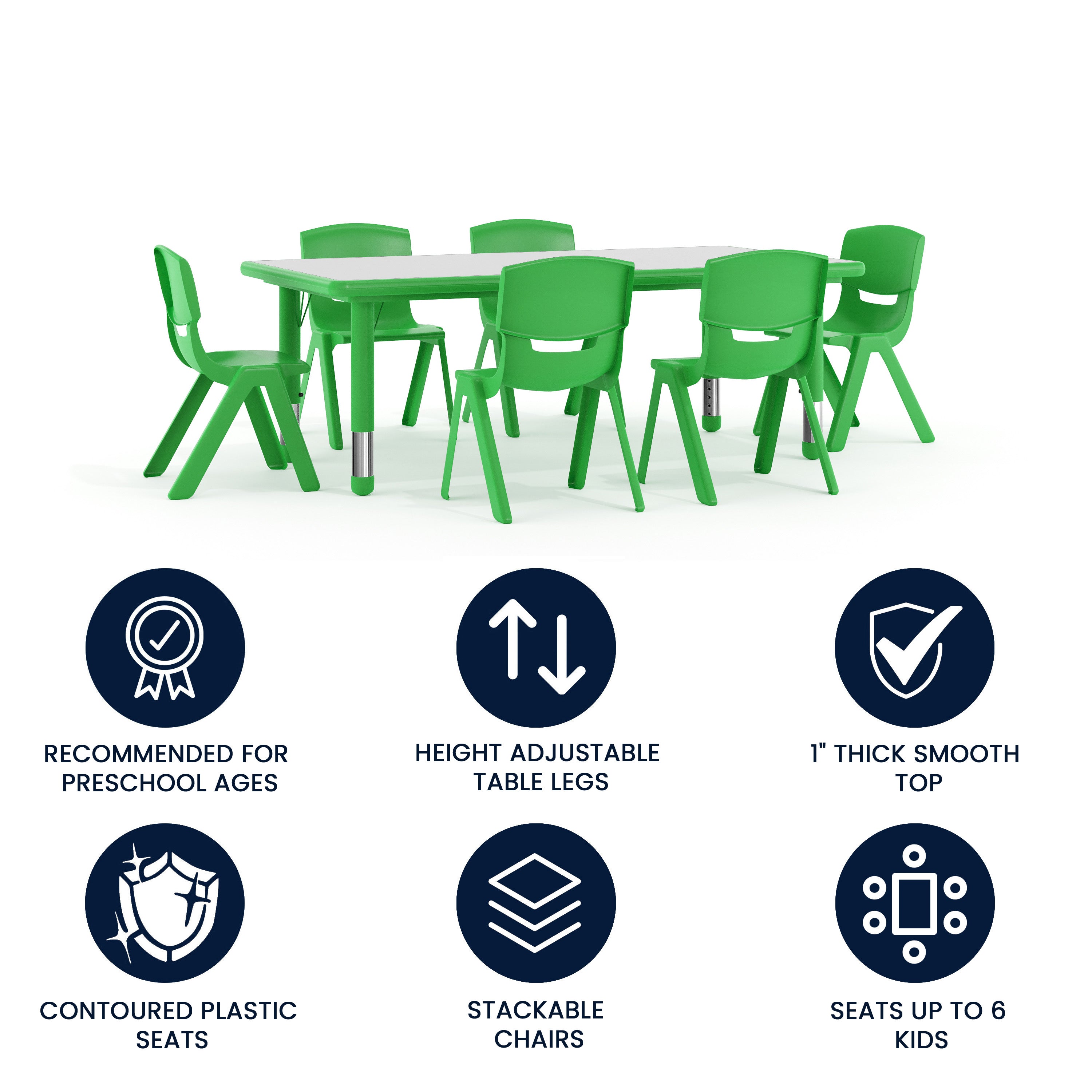 Emmy Adjustable Kids Activity Table Set – 23.6" x 47.25" Green/Gray Plastic Table with 6 Green Chairs – Classroom & Daycare Table for Toddlers & Kids