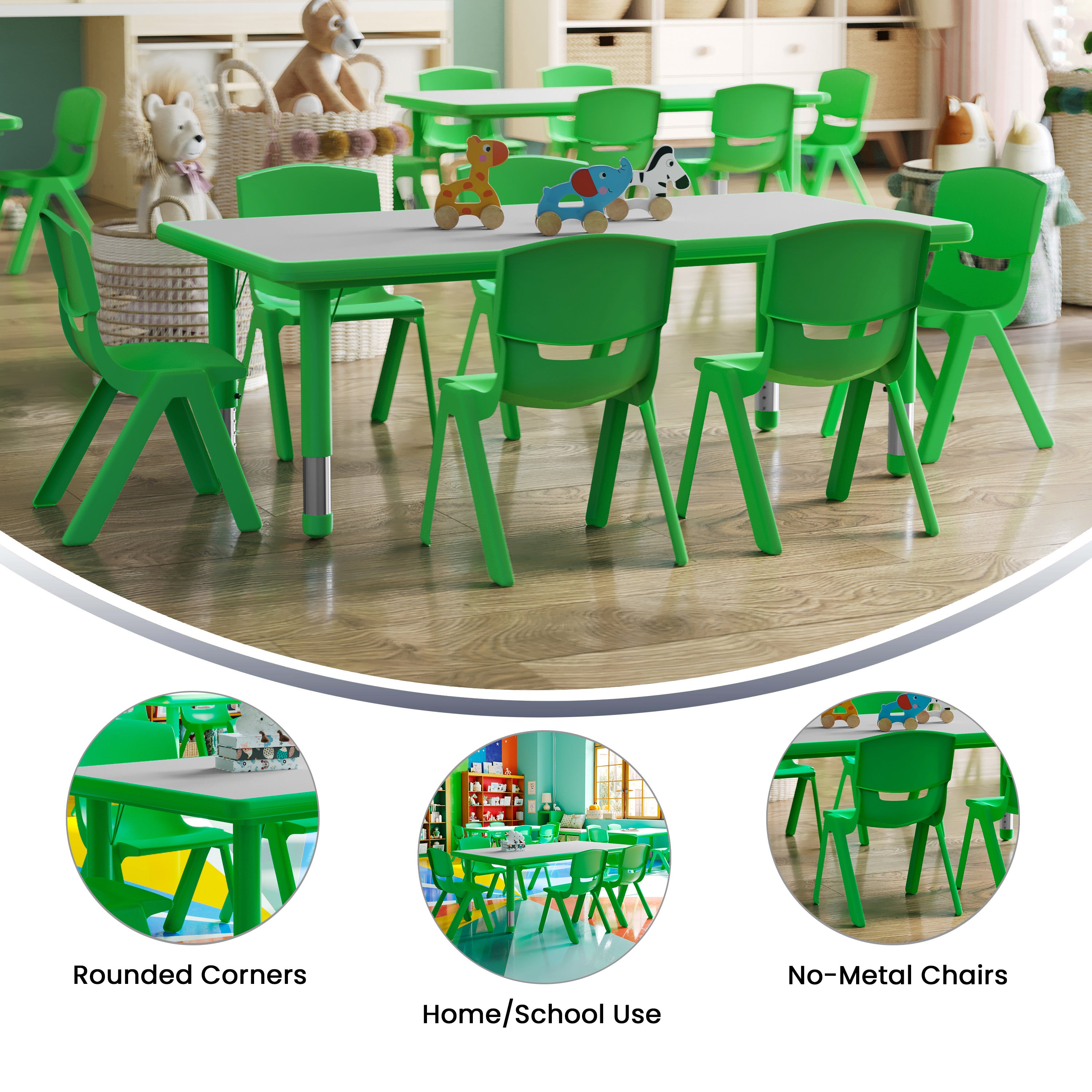Emmy Adjustable Kids Activity Table Set – 23.6" x 47.25" Green/Gray Plastic Table with 6 Green Chairs – Classroom & Daycare Table for Toddlers & Kids