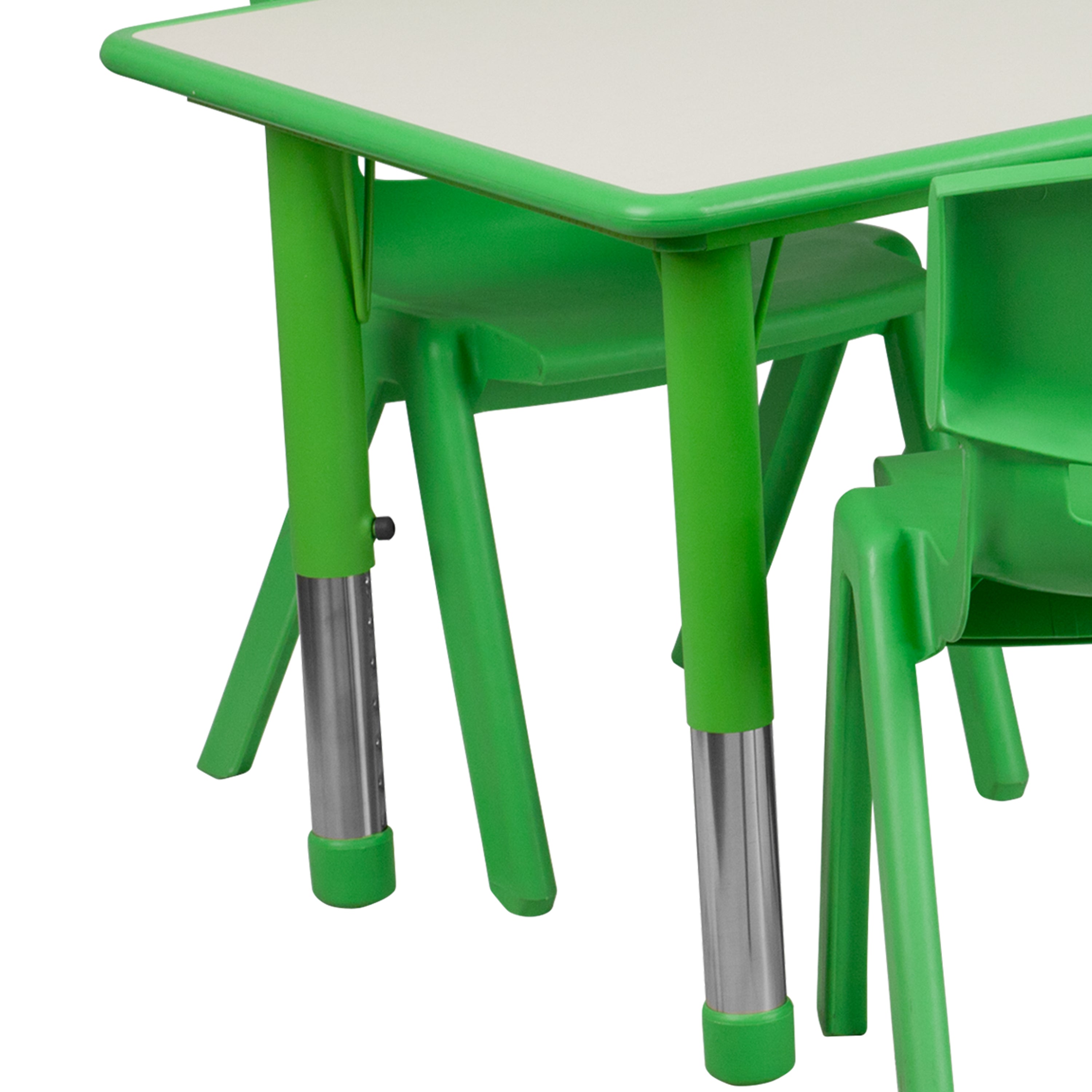 Emmy Adjustable Kids Activity Table Set – 23.6" x 47.25" Green/Gray Plastic Table with 6 Green Chairs – Classroom & Daycare Table for Toddlers & Kids