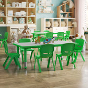 Emmy Adjustable Kids Activity Table Set – 23.6" x 47.25" Green/Gray Plastic Table with 6 Green Chairs – Classroom & Daycare Table for Toddlers & Kids