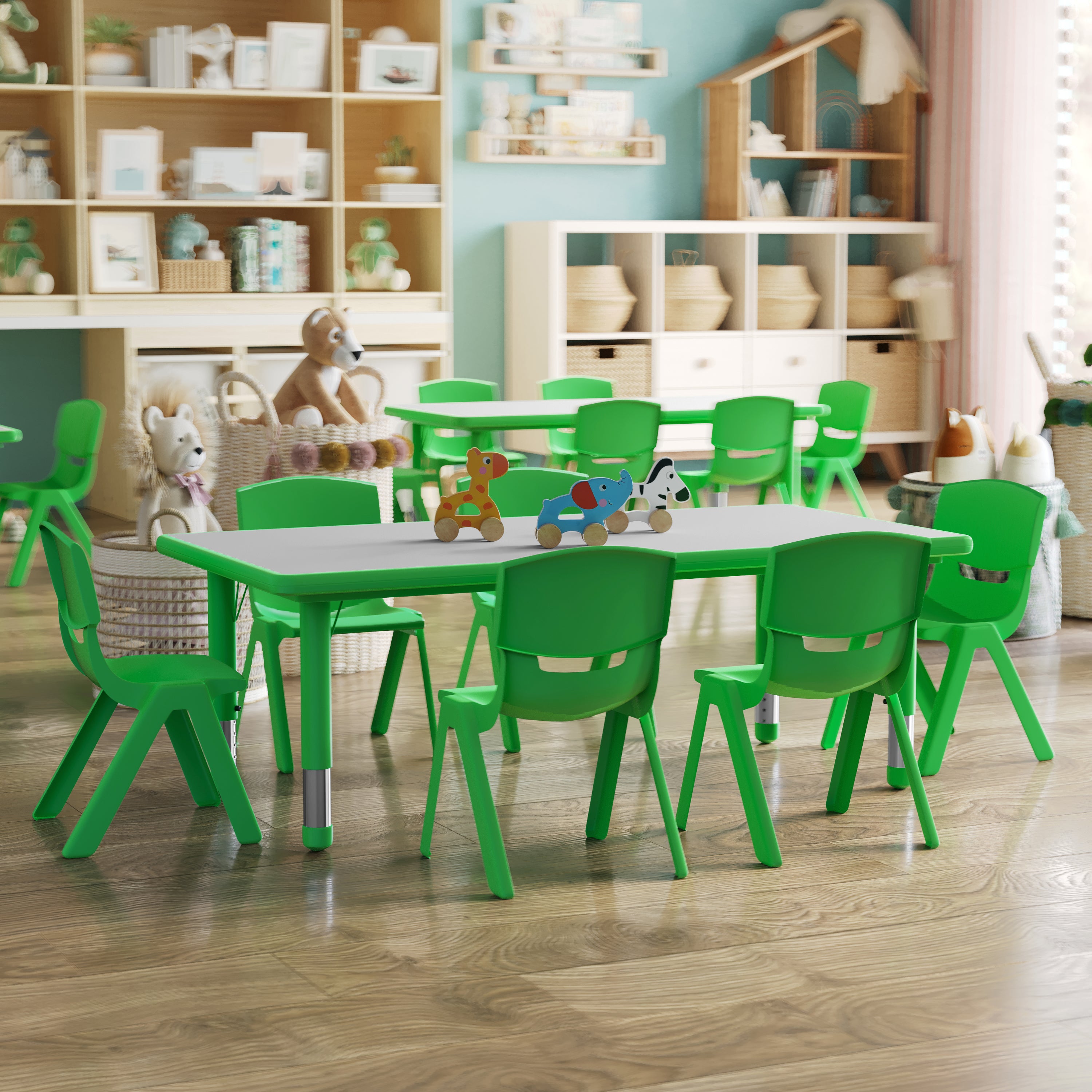 Emmy Adjustable Kids Activity Table Set – 23.6" x 47.25" Green/Gray Plastic Table with 6 Green Chairs – Classroom & Daycare Table for Toddlers & Kids