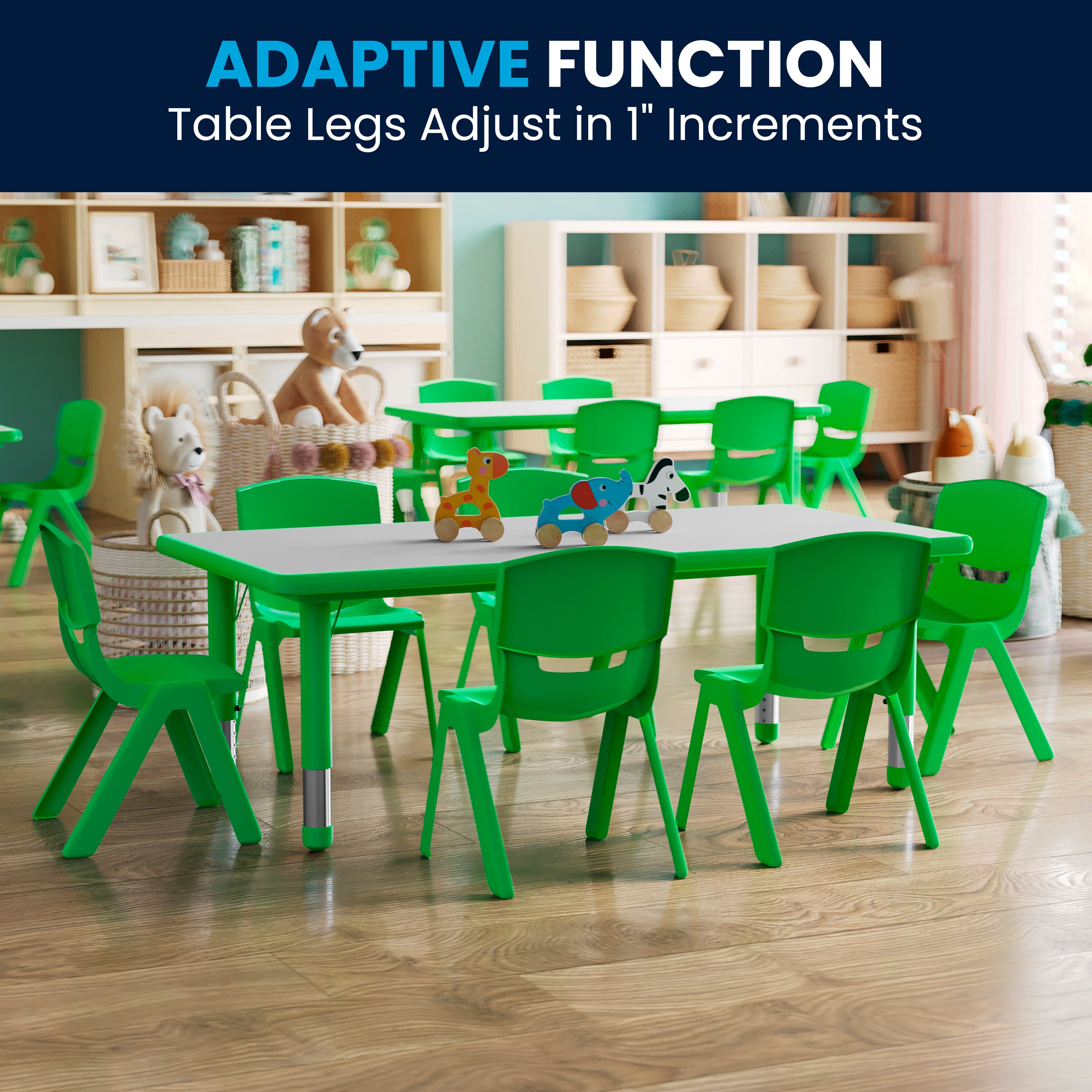 Emmy Adjustable Kids Activity Table Set – 23.6" x 47.25" Green/Gray Plastic Table with 6 Green Chairs – Classroom & Daycare Table for Toddlers & Kids