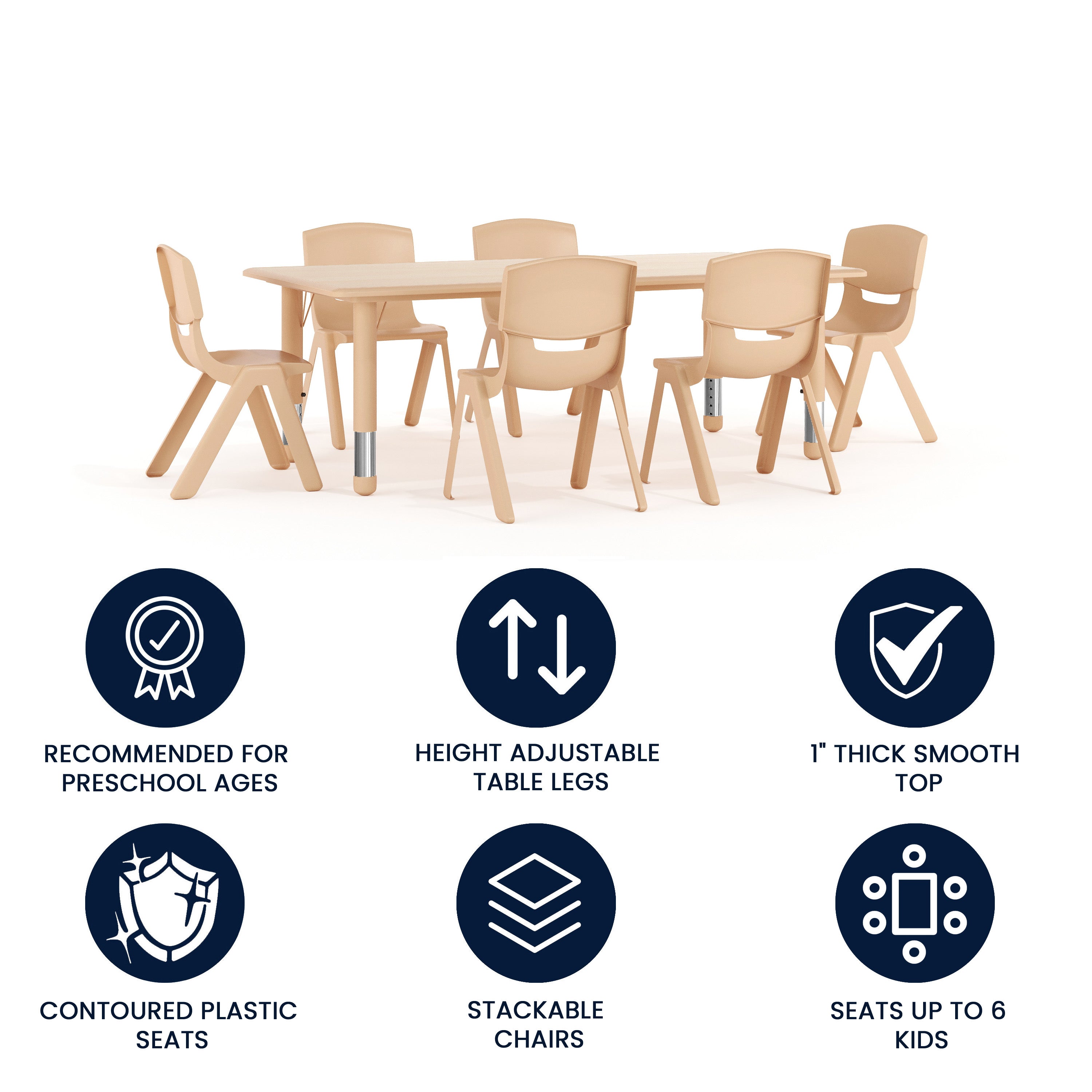 Emmy Adjustable Kids Activity Table Set – 23.6" x 47.25" Natural Plastic Table with 6 Natural Chairs – Classroom & Daycare Table for Toddlers & Kids