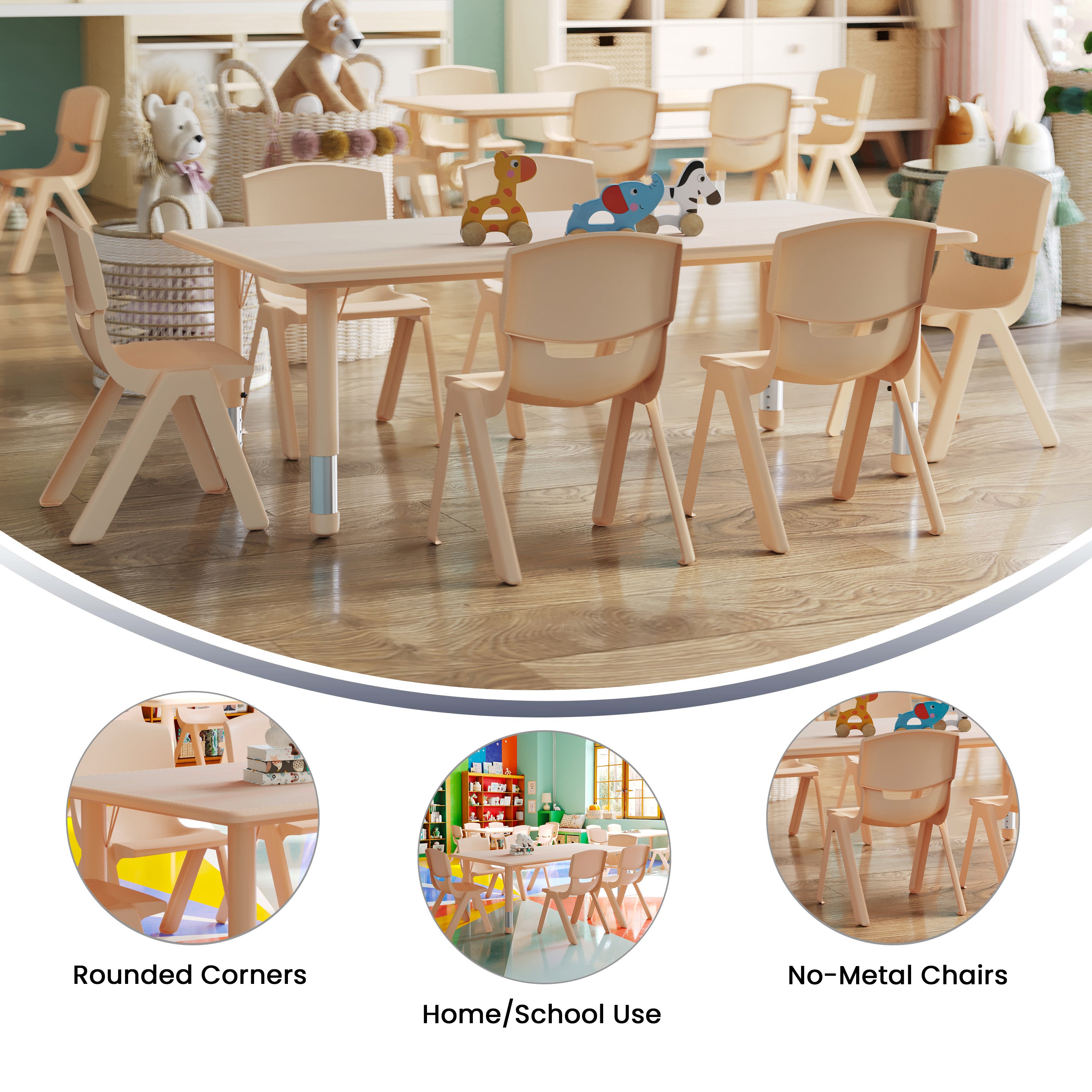 Emmy Adjustable Kids Activity Table Set – 23.6" x 47.25" Natural Plastic Table with 6 Natural Chairs – Classroom & Daycare Table for Toddlers & Kids