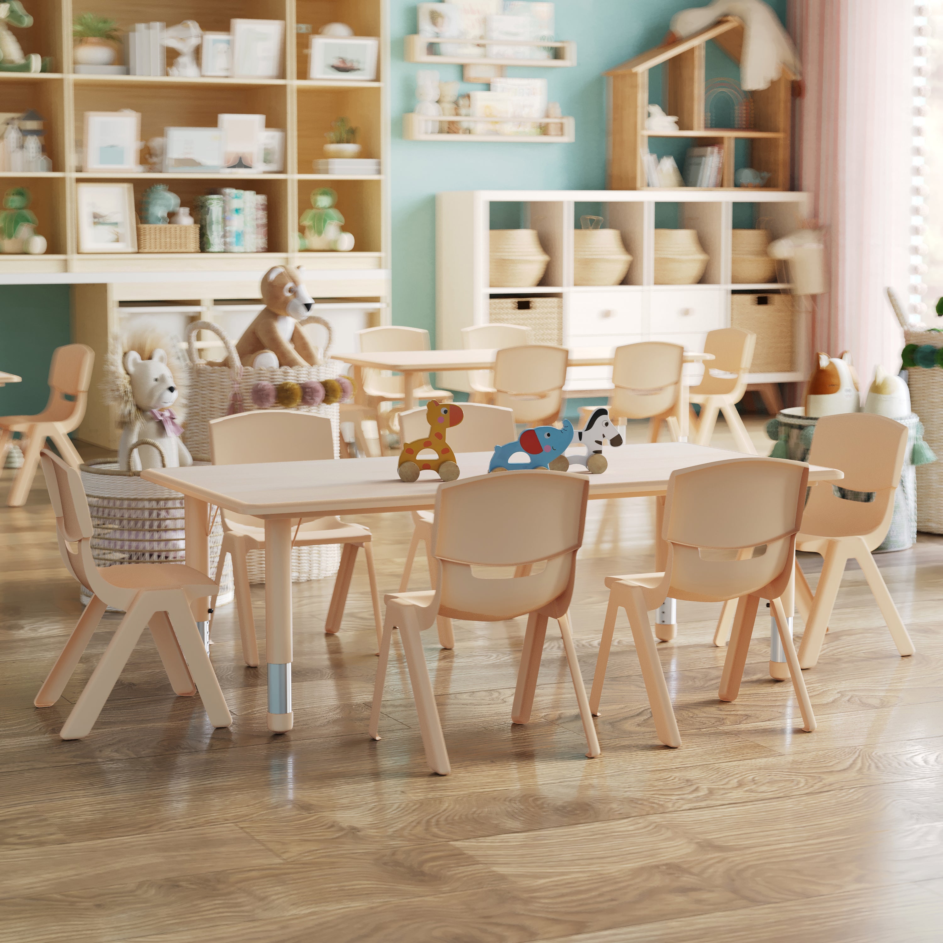 Emmy Adjustable Kids Activity Table Set – 23.6" x 47.25" Natural Plastic Table with 6 Natural Chairs – Classroom & Daycare Table for Toddlers & Kids