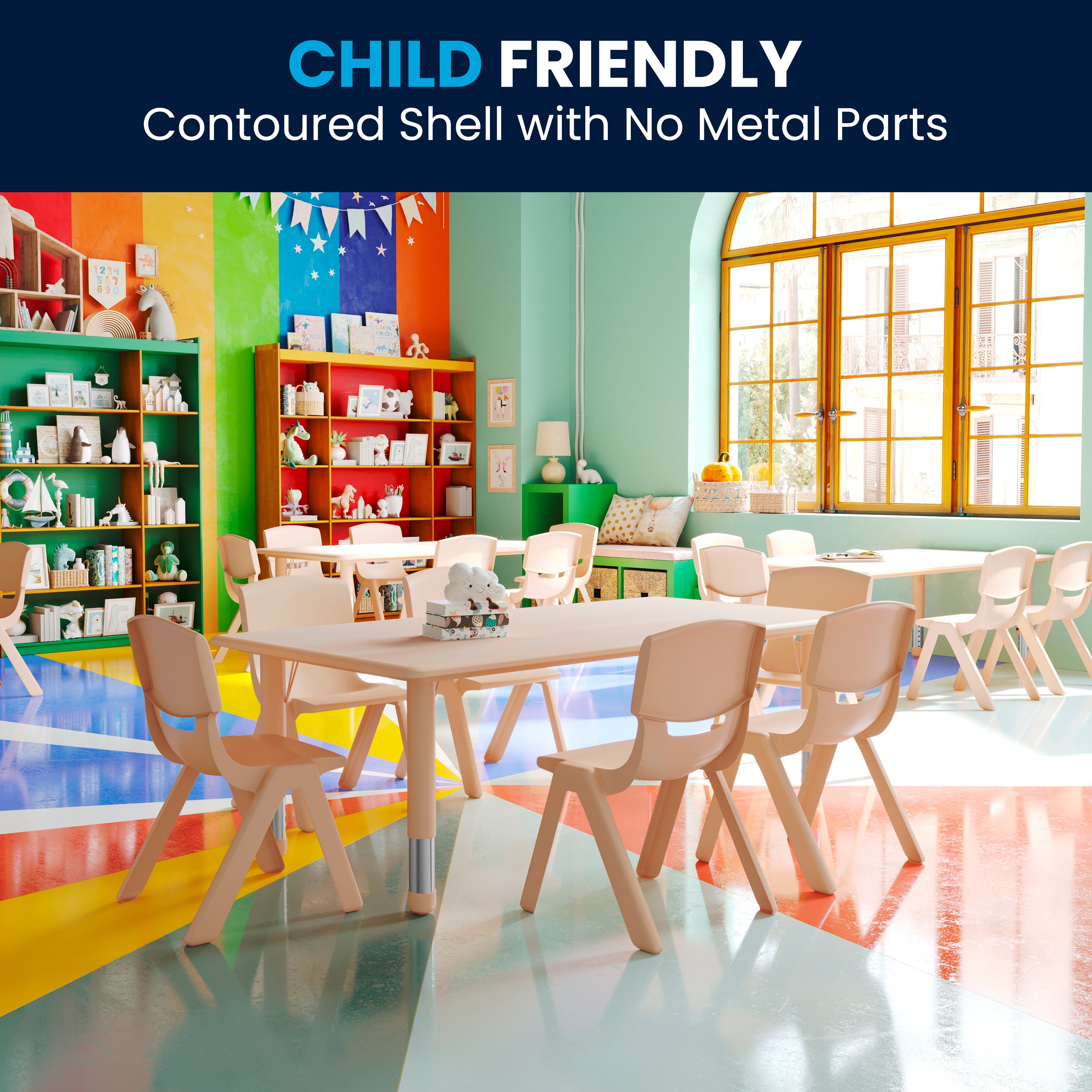Emmy Adjustable Kids Activity Table Set – 23.6" x 47.25" Natural Plastic Table with 6 Natural Chairs – Classroom & Daycare Table for Toddlers & Kids
