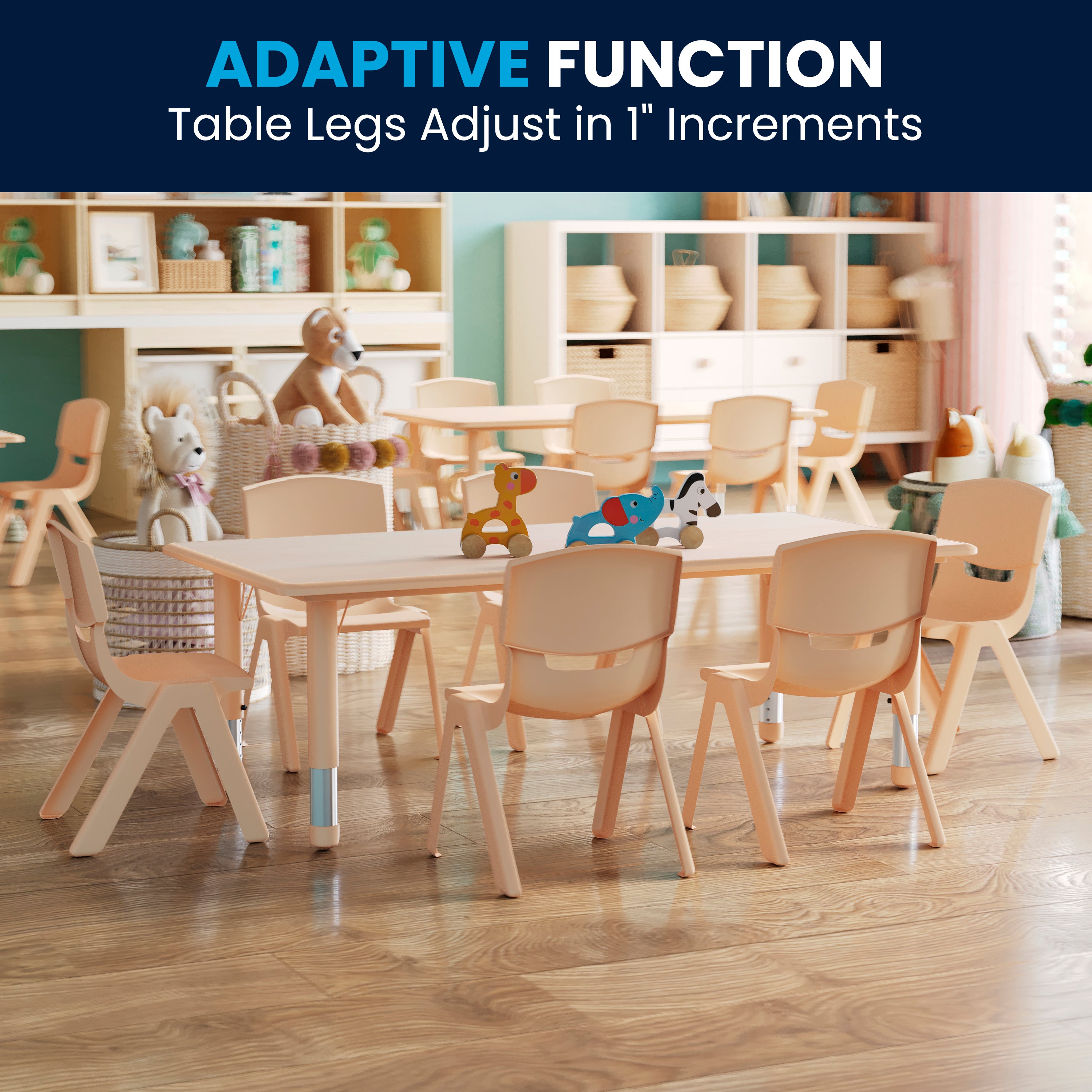 Emmy Adjustable Kids Activity Table Set – 23.6" x 47.25" Natural Plastic Table with 6 Natural Chairs – Classroom & Daycare Table for Toddlers & Kids