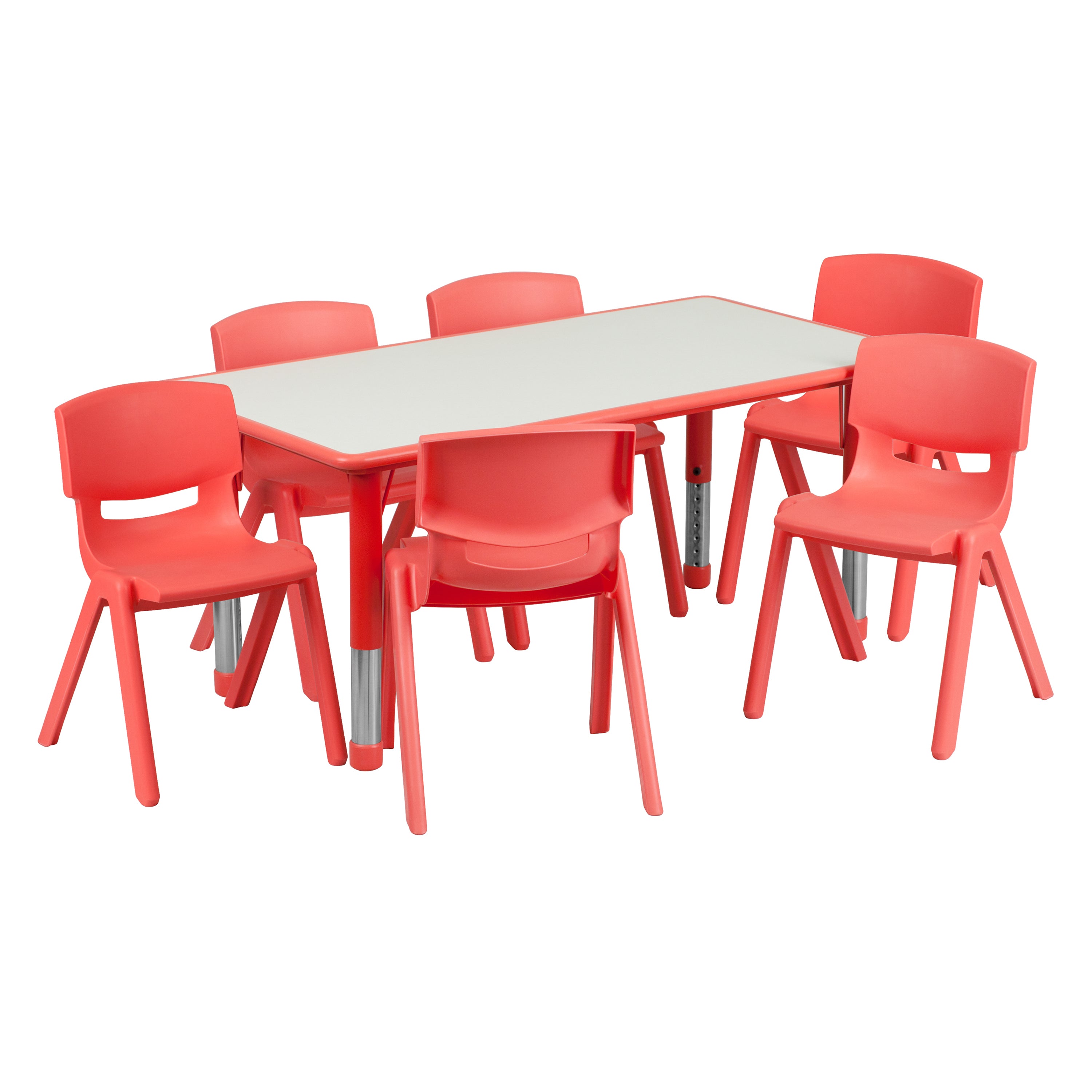 Emmy Adjustable Kids Activity Table Set – 23.6" x 47.25" Red/Gray Plastic Table with 6 Red Chairs – Classroom & Daycare Table for Toddlers & Kids