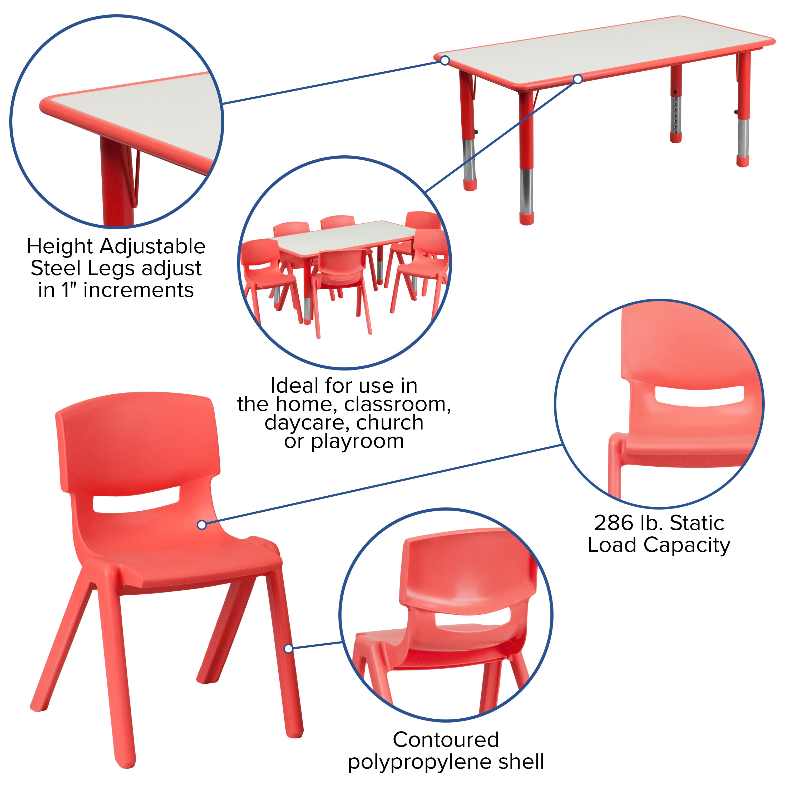 Emmy Adjustable Kids Activity Table Set – 23.6" x 47.25" Red/Gray Plastic Table with 6 Red Chairs – Classroom & Daycare Table for Toddlers & Kids