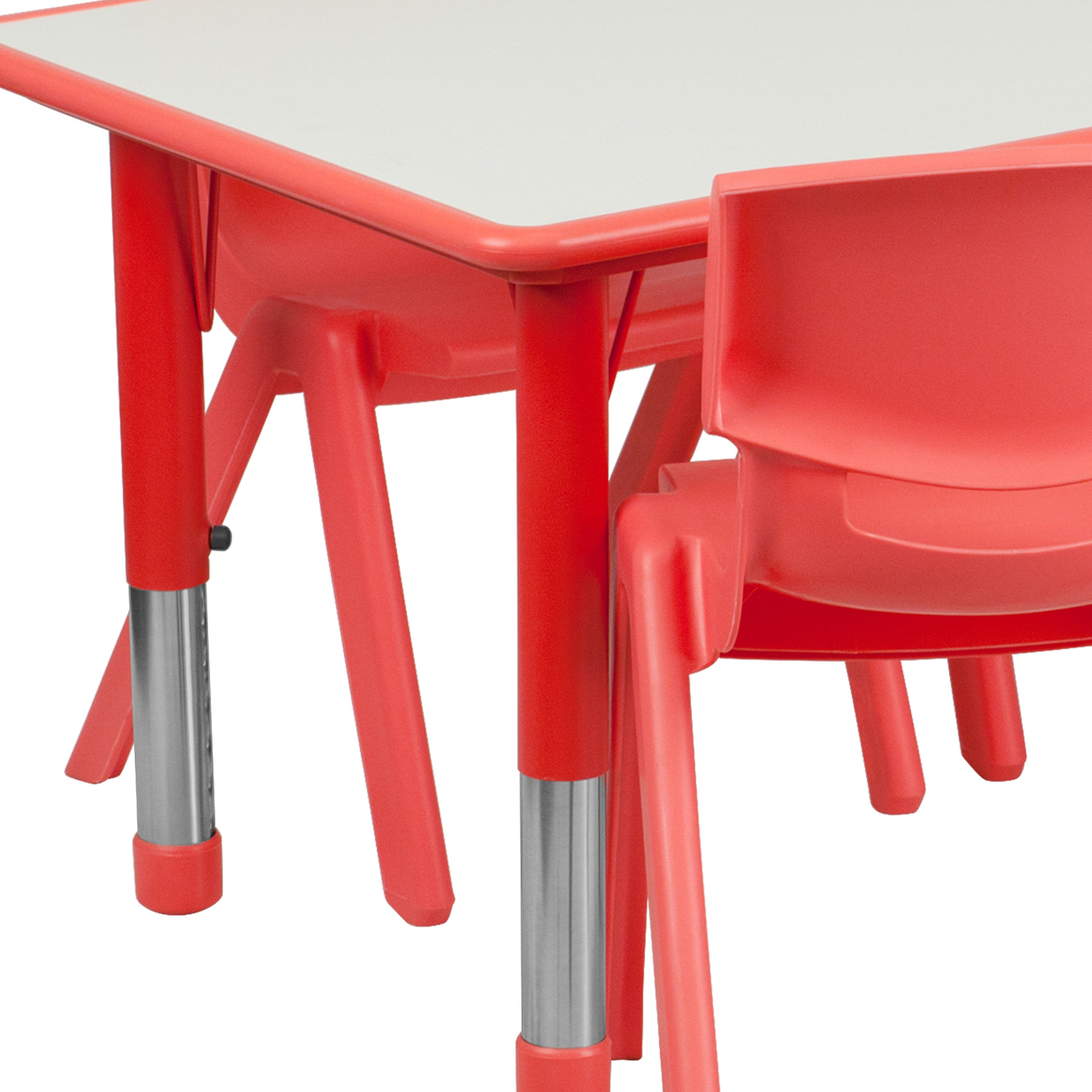 Emmy Adjustable Kids Activity Table Set – 23.6" x 47.25" Red/Gray Plastic Table with 6 Red Chairs – Classroom & Daycare Table for Toddlers & Kids