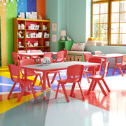 Emmy Adjustable Kids Activity Table Set – 23.6" x 47.25" Red/Gray Plastic Table with 6 Red Chairs – Classroom & Daycare Table for Toddlers & Kids