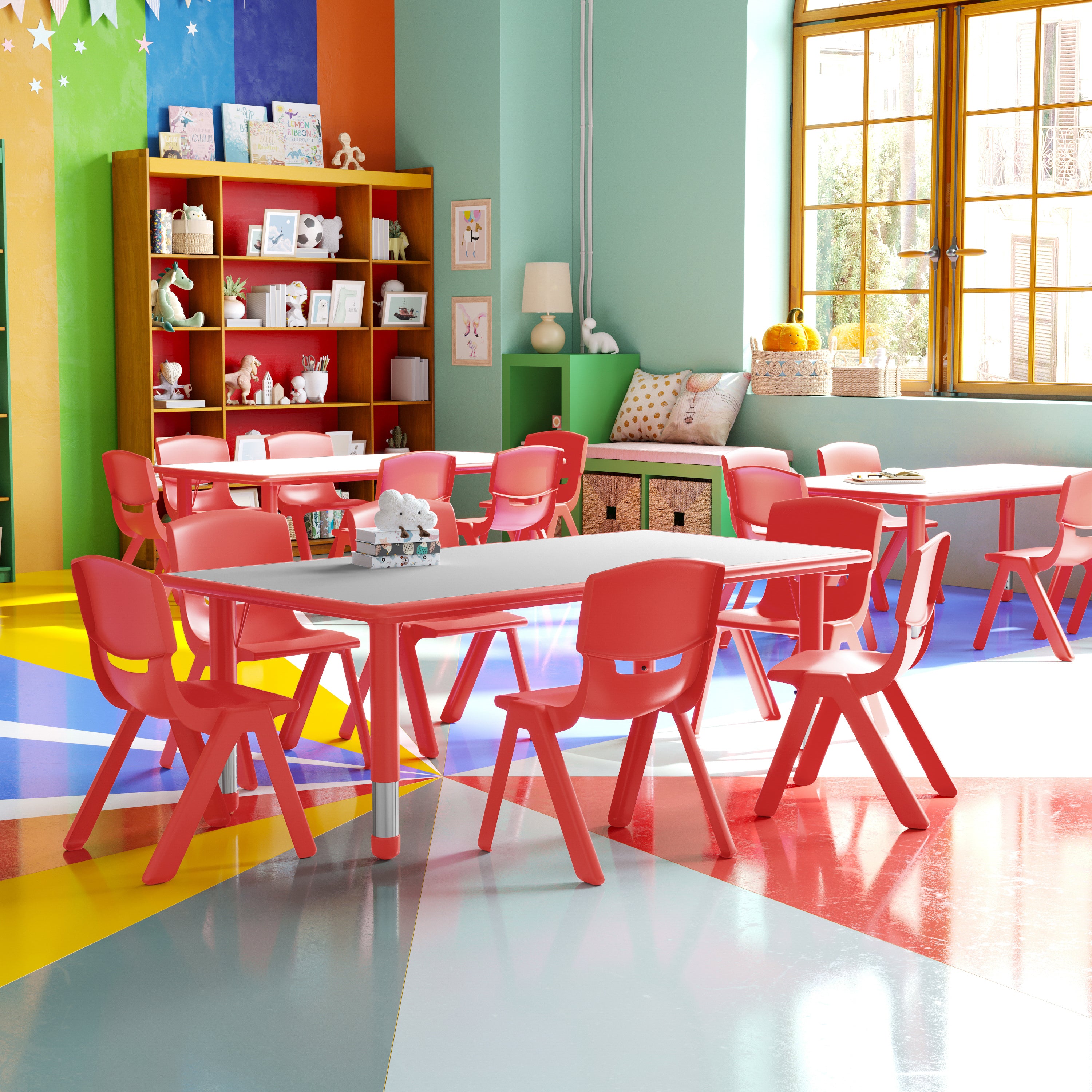 Emmy Adjustable Kids Activity Table Set – 23.6" x 47.25" Red/Gray Plastic Table with 6 Red Chairs – Classroom & Daycare Table for Toddlers & Kids