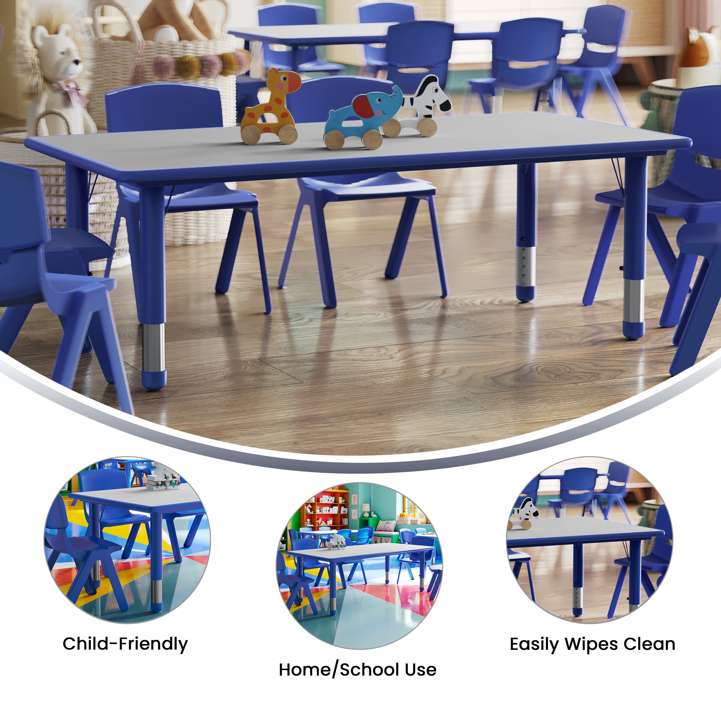 Wren Adjustable Height Kids Activity Table, Blue/Gray Plastic, 23.6"W x 47.25"L, Rectangular, Table Only