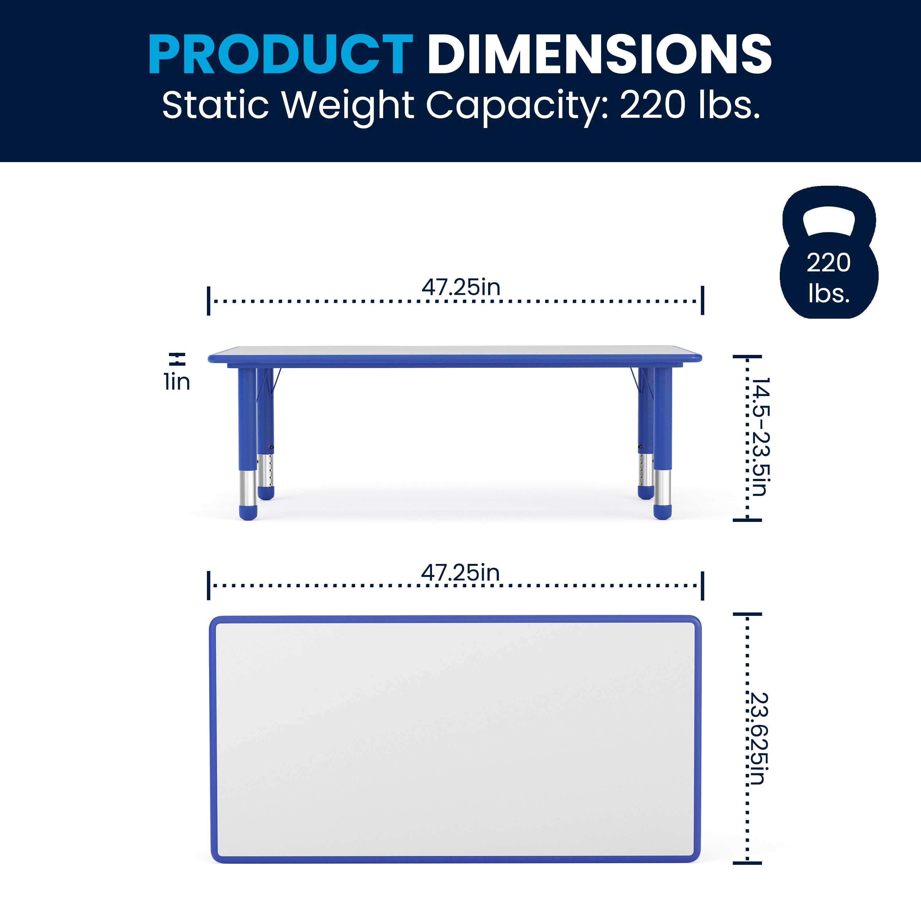 Wren Adjustable Height Kids Activity Table, Blue/Gray Plastic, 23.6"W x 47.25"L, Rectangular, Table Only
