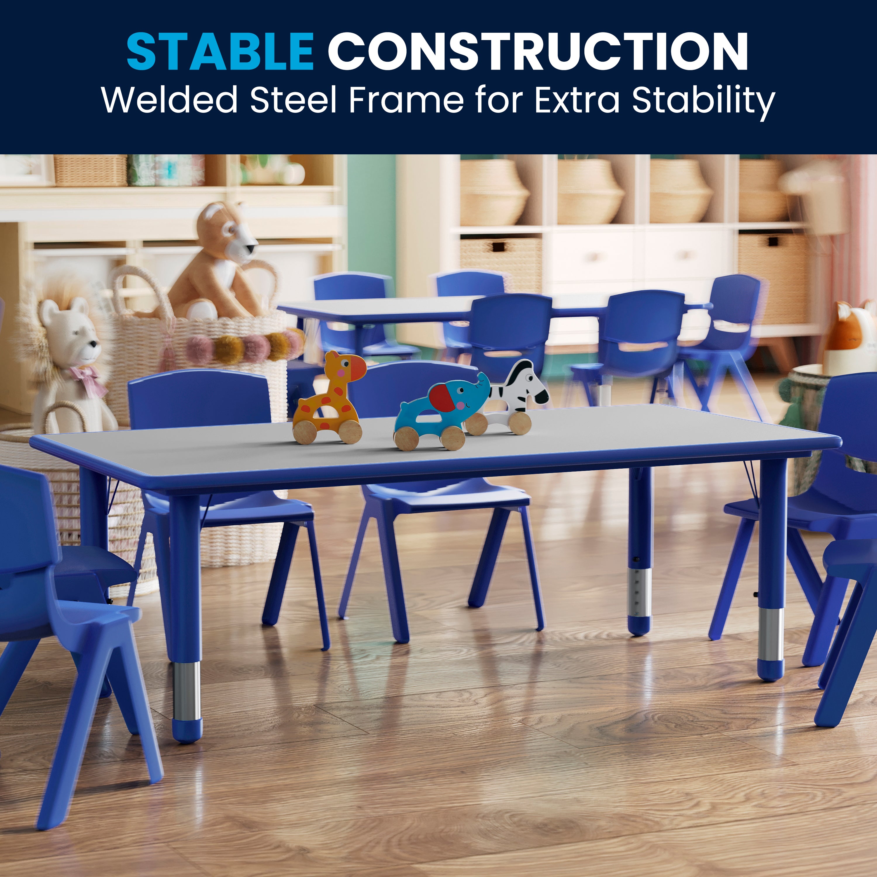 Wren Adjustable Height Kids Activity Table, Blue/Gray Plastic, 23.6"W x 47.25"L, Rectangular, Table Only