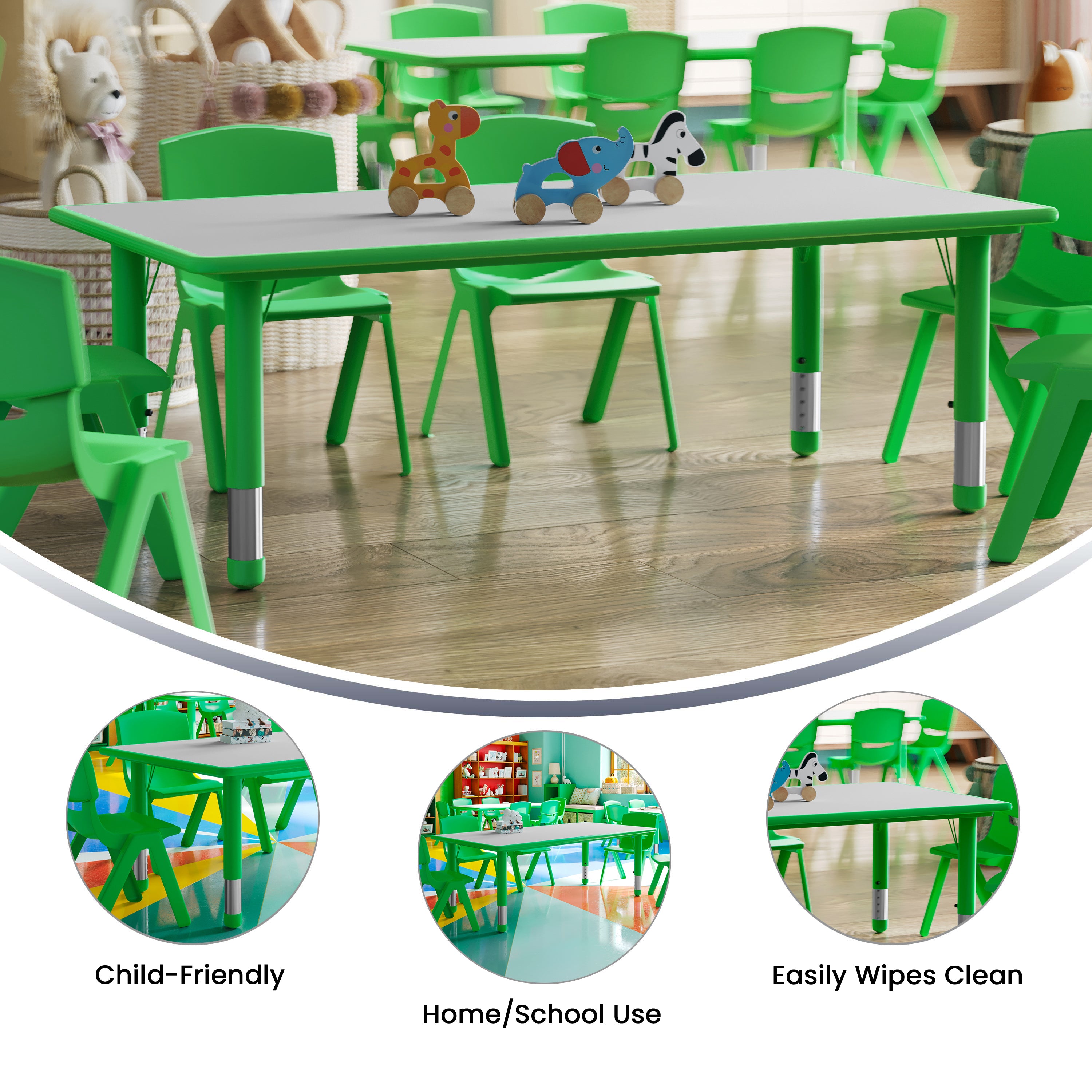Wren Adjustable Height Kids Activity Table, Green/Gray Plastic, 23.6"W x 47.25"L, Rectangular, Table Only