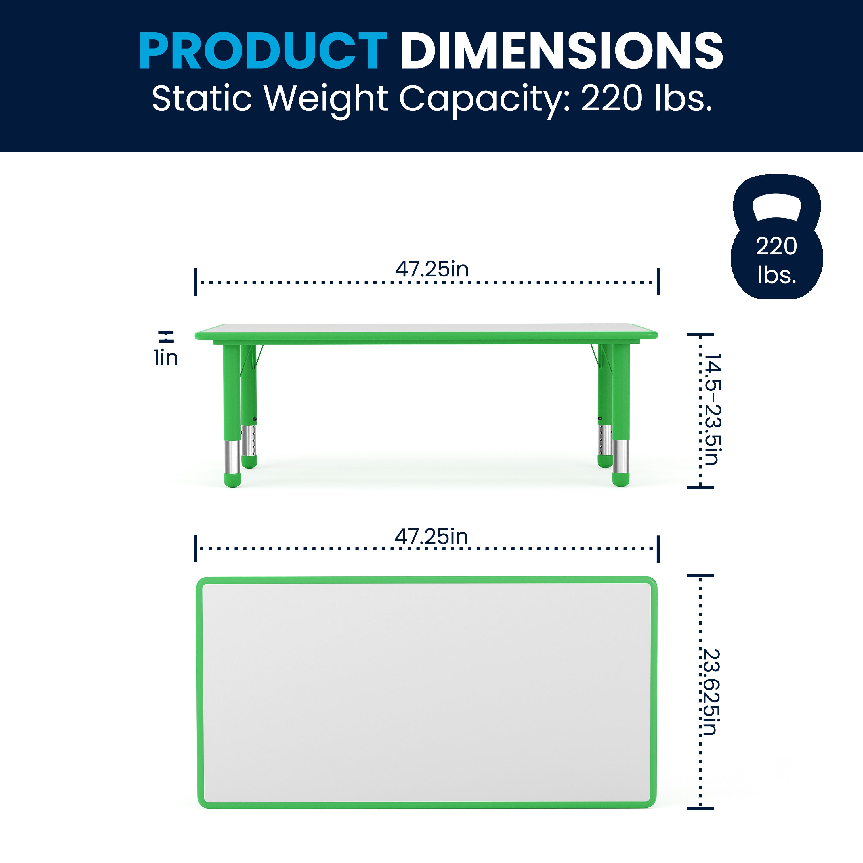Wren Adjustable Height Kids Activity Table, Green/Gray Plastic, 23.6"W x 47.25"L, Rectangular, Table Only