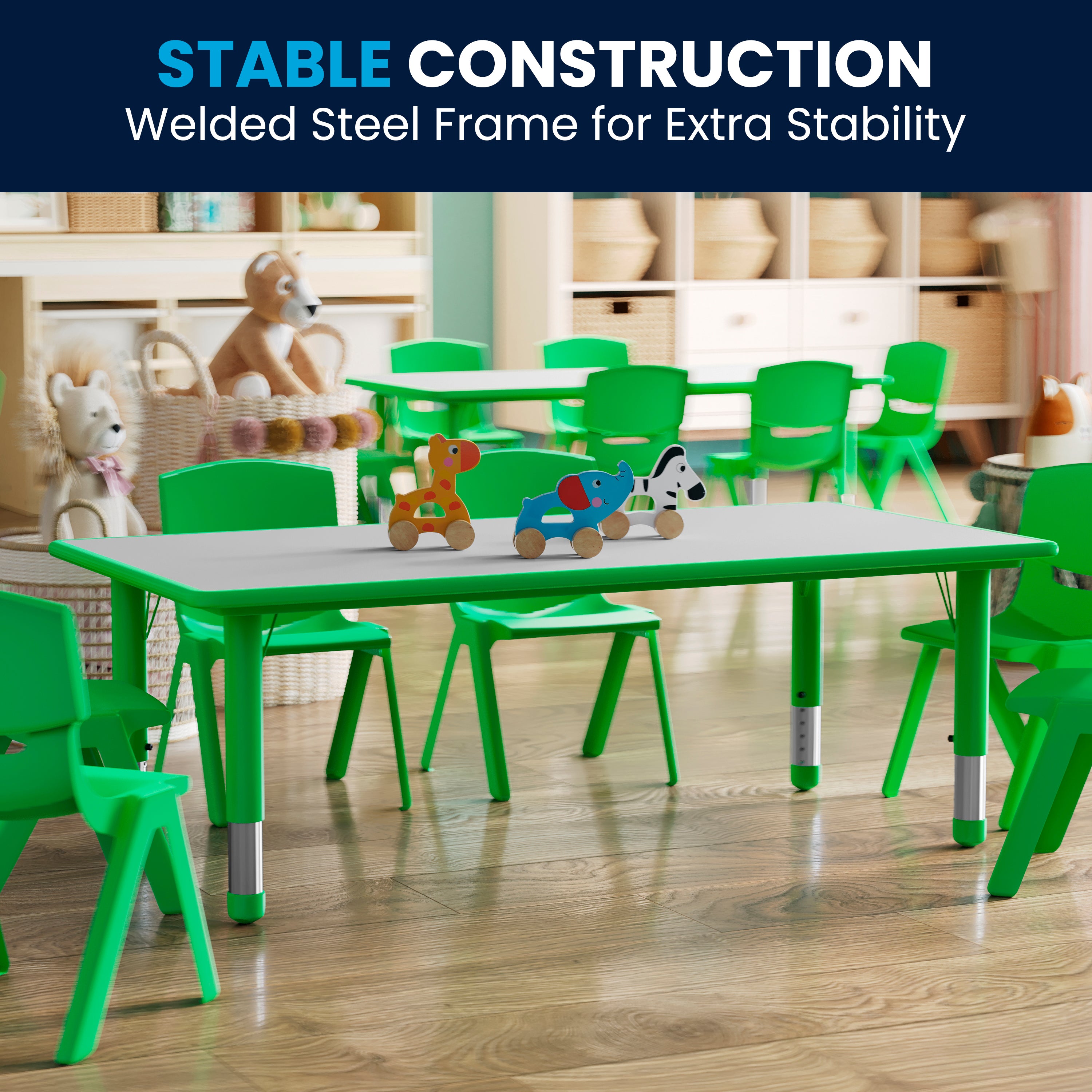 Wren Adjustable Height Kids Activity Table, Green/Gray Plastic, 23.6"W x 47.25"L, Rectangular, Table Only
