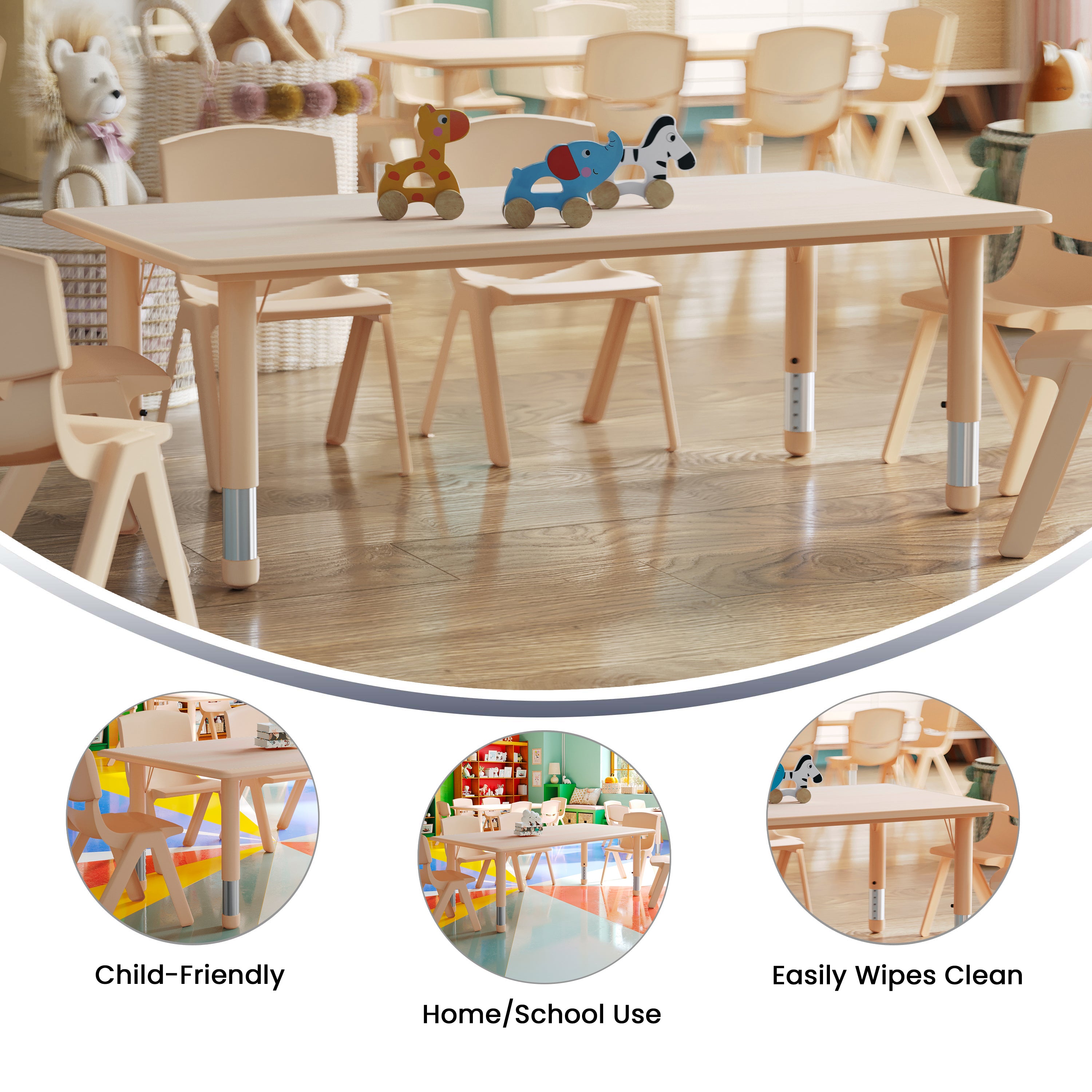 Wren Adjustable Height Kids Activity Table, Natural Plastic, 23.6"W x 47.25"L, Rectangular, Table Only