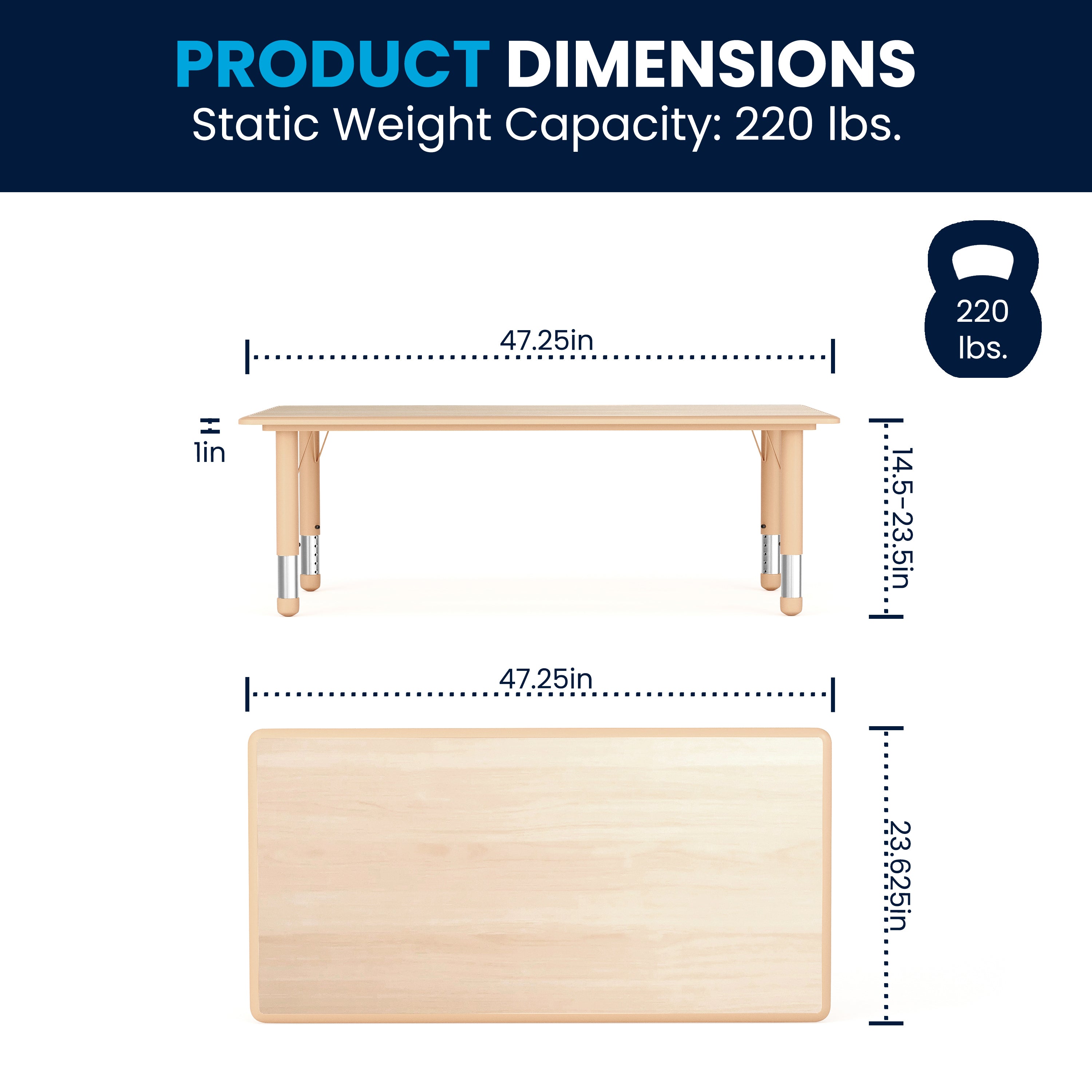 Wren Adjustable Height Kids Activity Table, Natural Plastic, 23.6"W x 47.25"L, Rectangular, Table Only