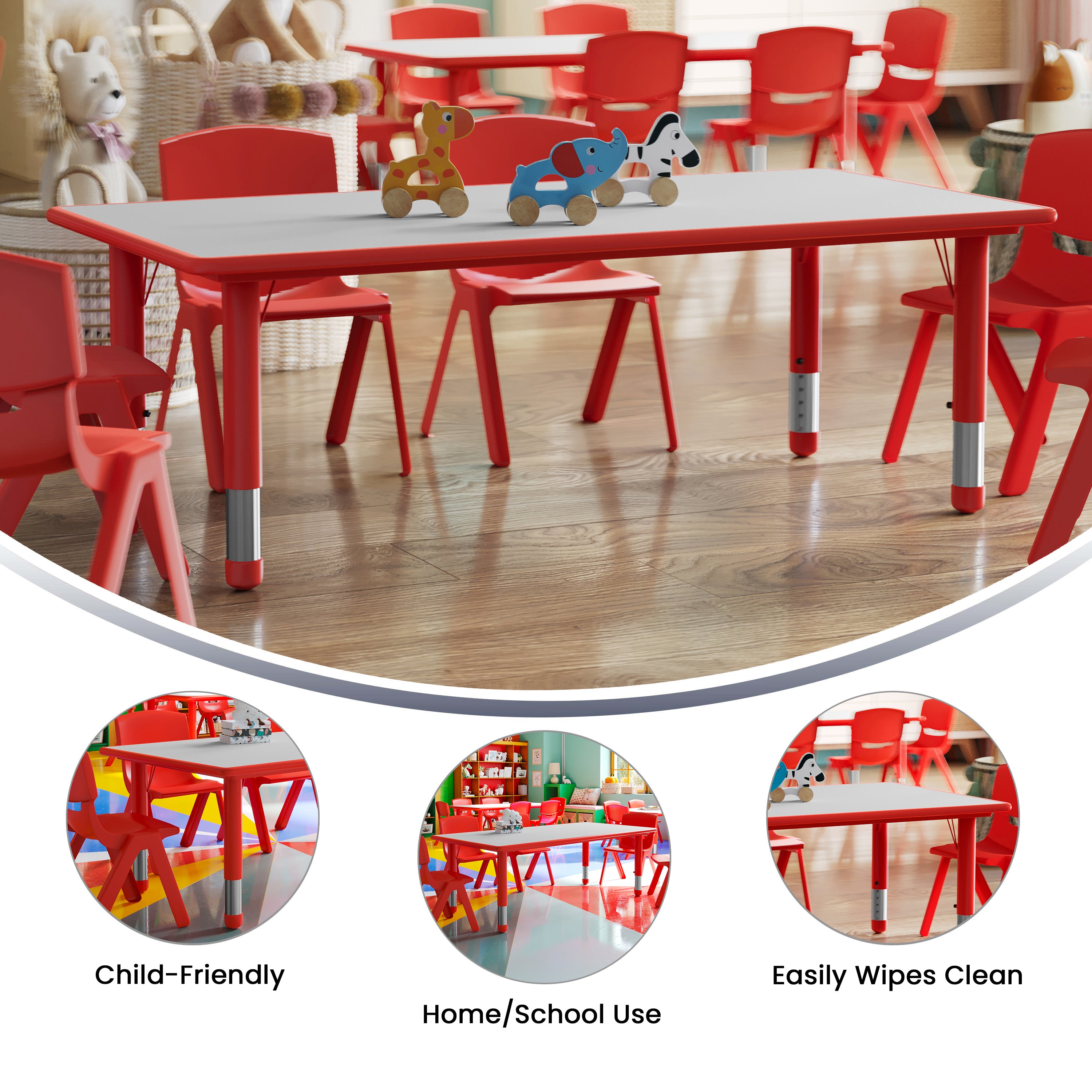 Wren Adjustable Height Kids Activity Table, Red/Gray Plastic, 23.6"W x 47.25"L, Rectangular, Table Only