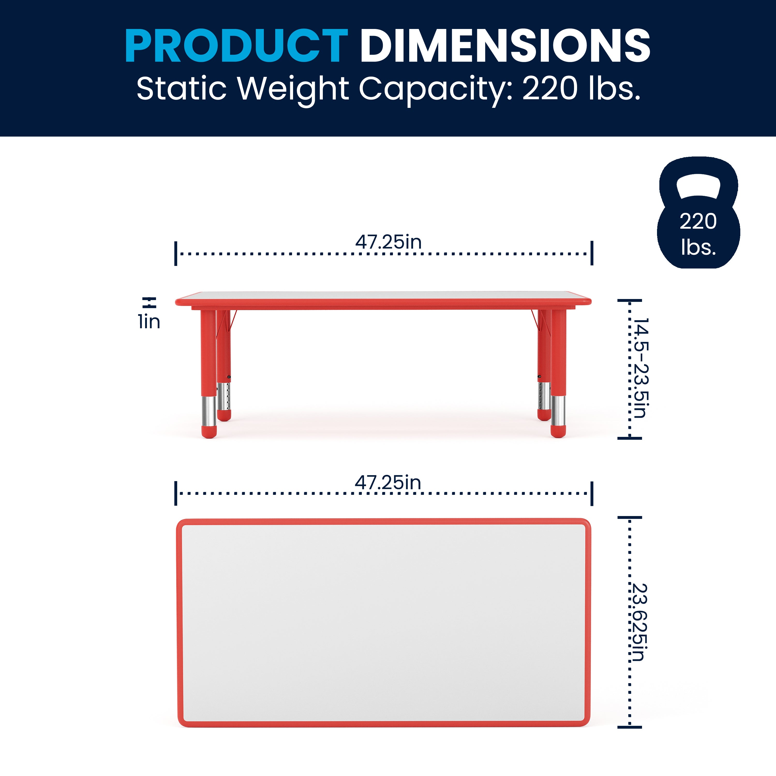 Wren Adjustable Height Kids Activity Table, Red/Gray Plastic, 23.6"W x 47.25"L, Rectangular, Table Only