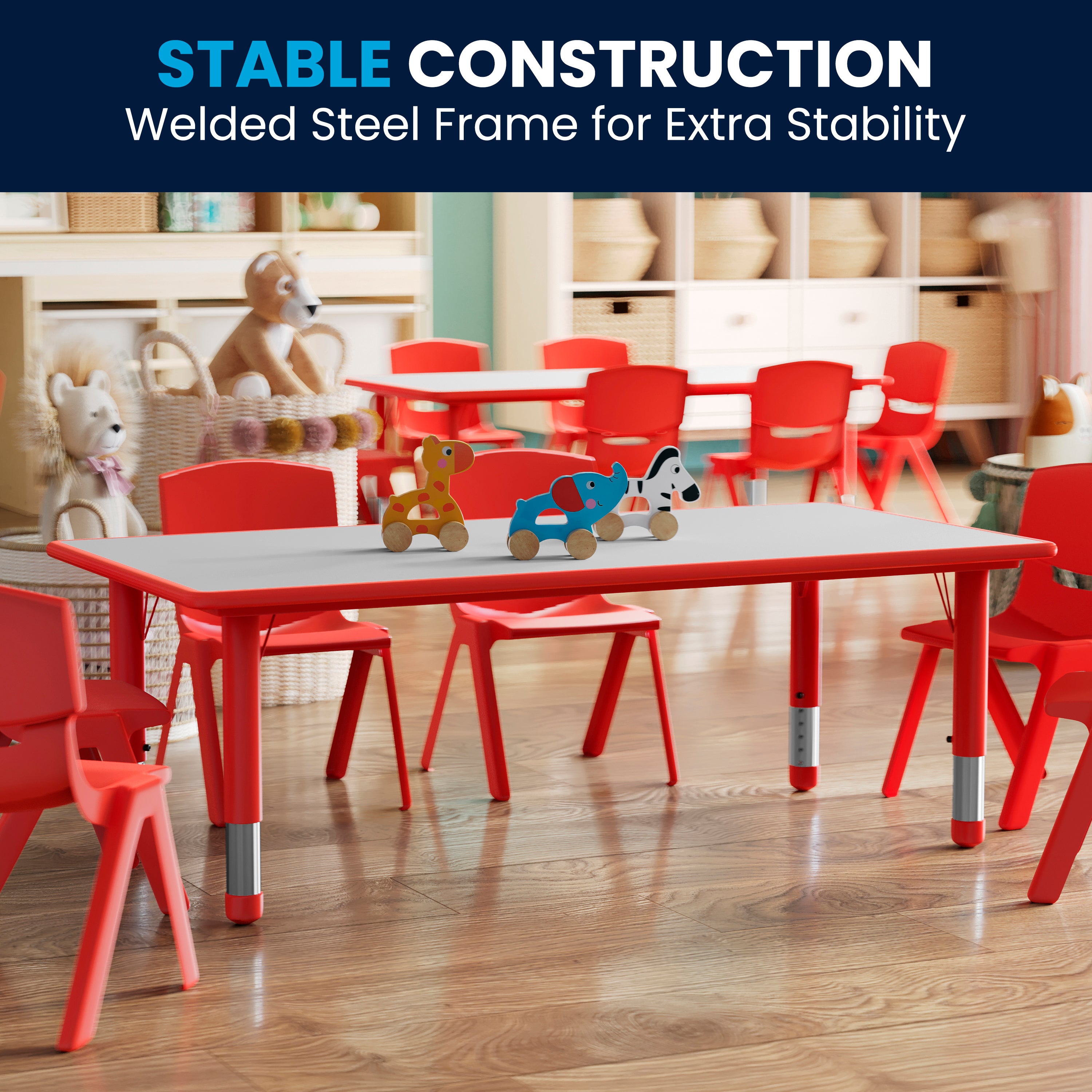Wren Adjustable Height Kids Activity Table, Red/Gray Plastic, 23.6"W x 47.25"L, Rectangular, Table Only