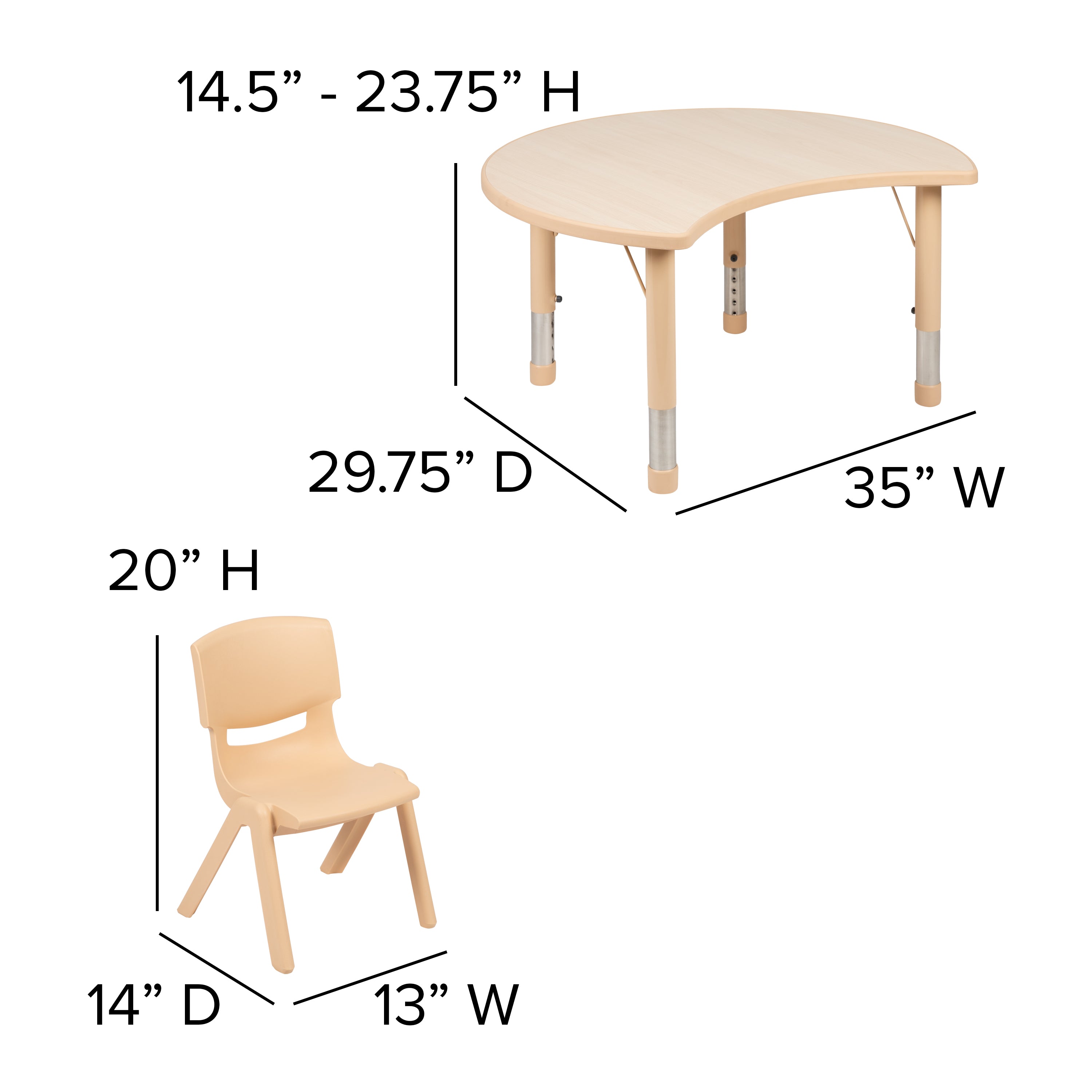 Emmy 25.125"W x 35.5"L Crescent Natural Plastic Height Adjustable Activity Table Set with 4 Chairs