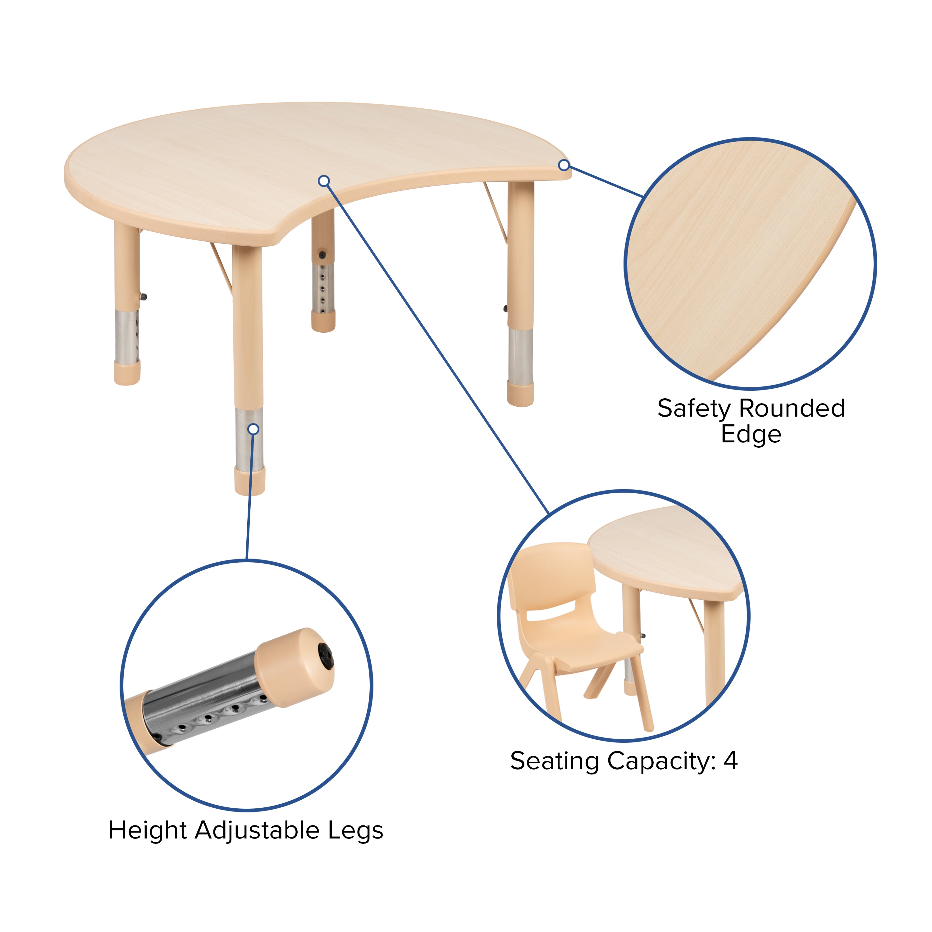 Emmy 25.125"W x 35.5"L Crescent Natural Plastic Height Adjustable Activity Table Set with 4 Chairs