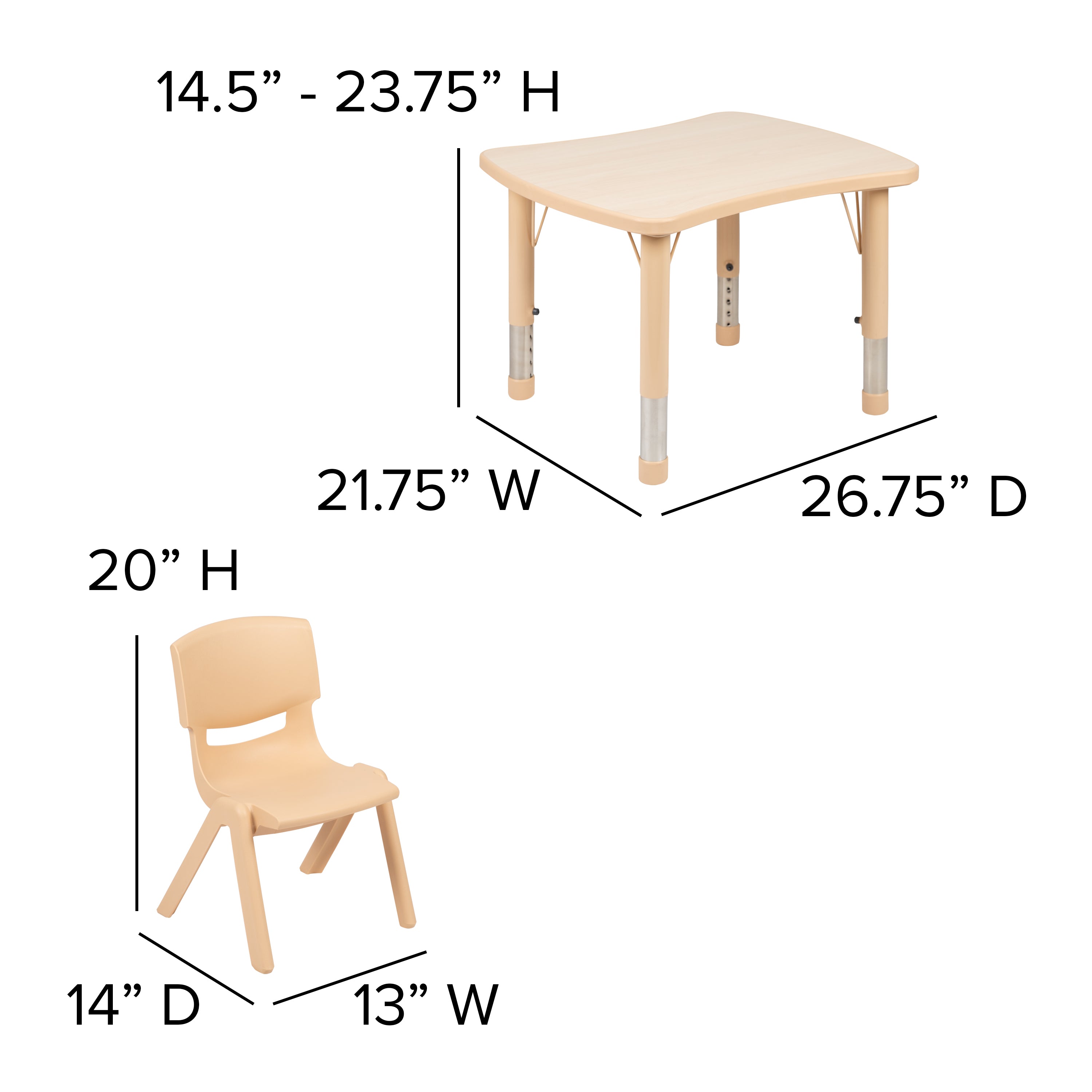 Emmy 21.875"W x 26.625"L Rectangular Natural Plastic Height Adjustable Activity Table Set with 2 Chairs