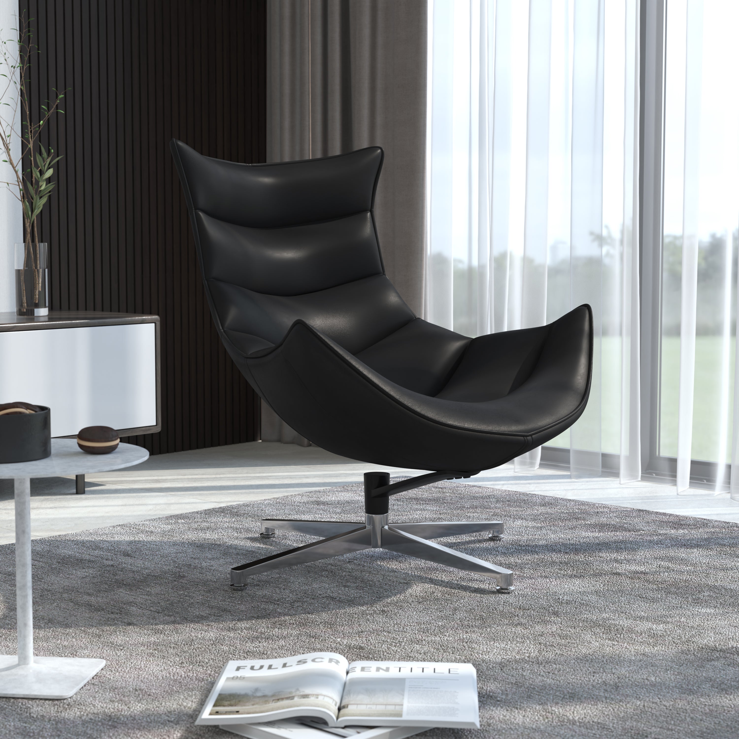 Pasithea Black LeatherSoft Swivel Cocoon Chair