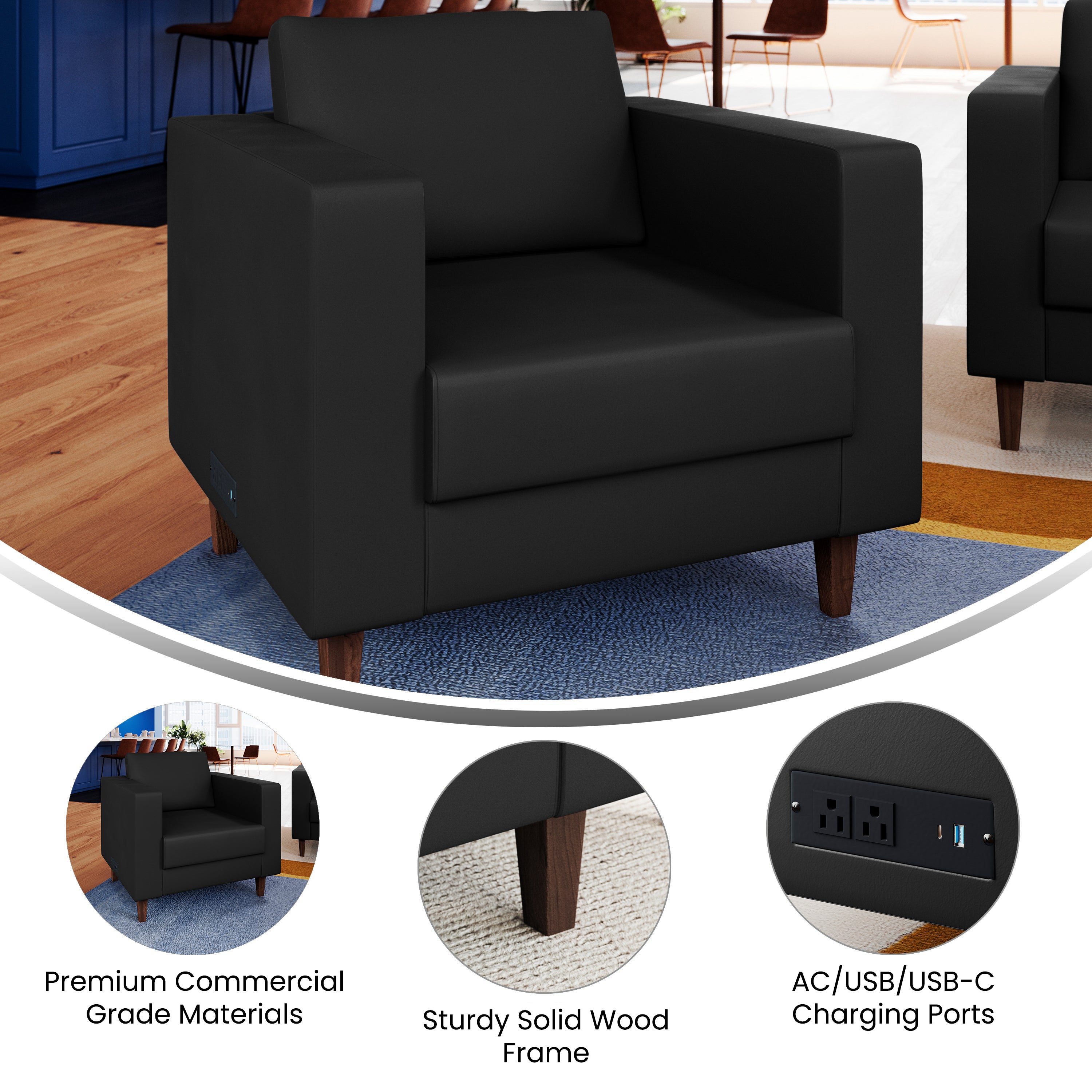 HERCULES Artemis Black LeatherSoft Reception Chair with 2 AC Outlets/1 USB/1 USB-C Ports and Solid Wood Walnut Legs with Adjustable Floor Glides