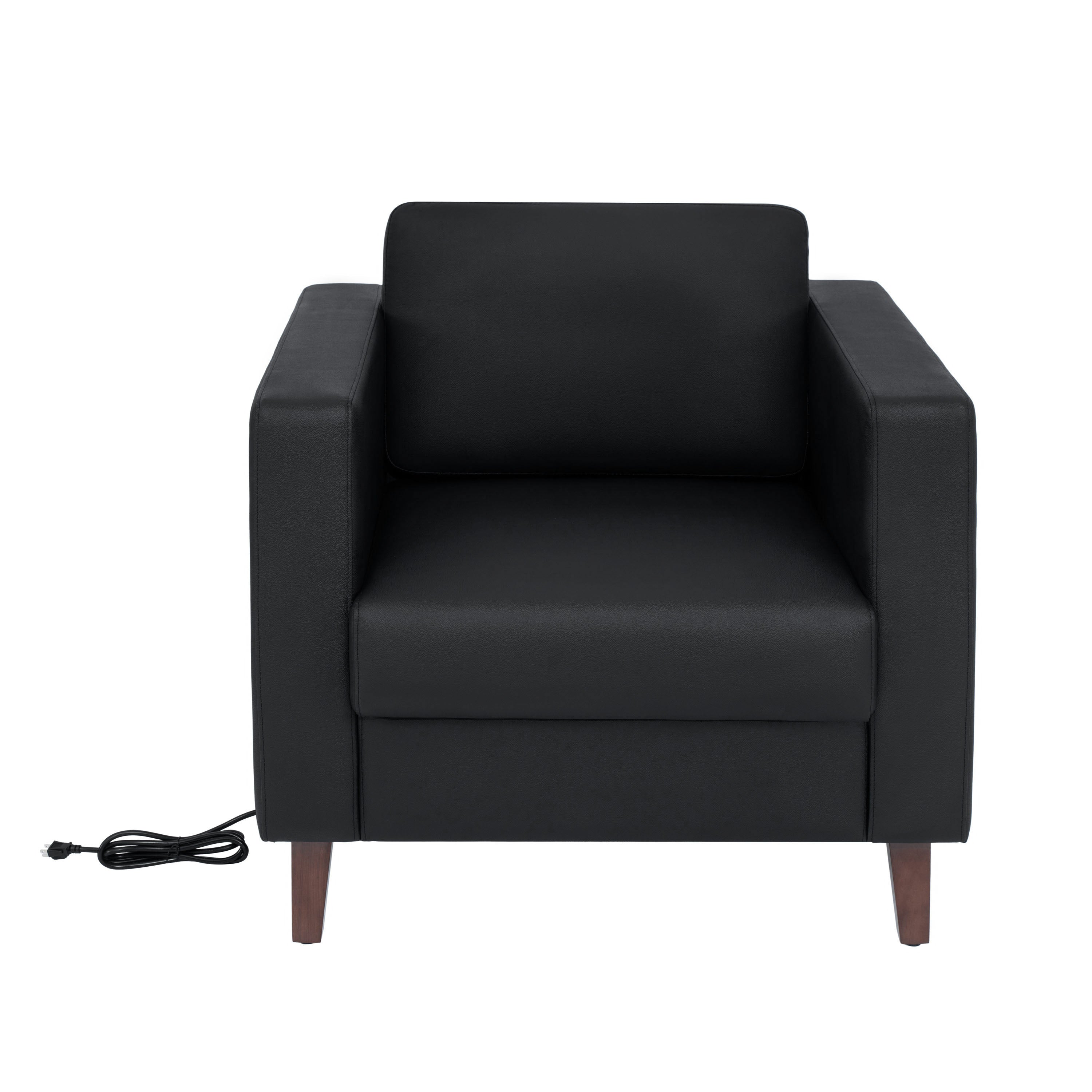 HERCULES Artemis Black LeatherSoft Reception Chair with 2 AC Outlets/1 USB/1 USB-C Ports and Solid Wood Walnut Legs with Adjustable Floor Glides