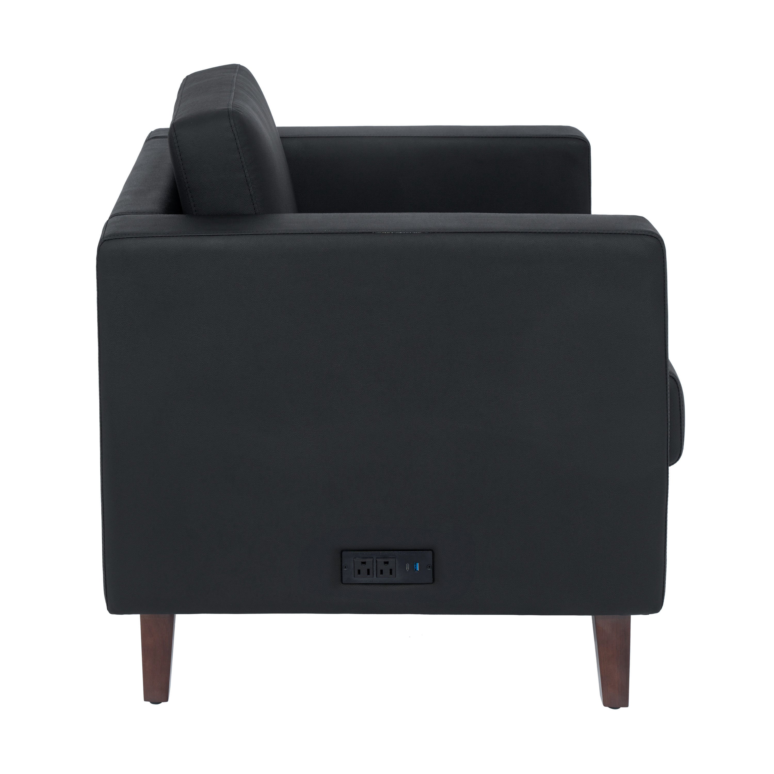 HERCULES Artemis 3 Piece Black LeatherSoft Sofa and 2 Chair Set, 8 AC Outlets/4 USB/4 USB-C Ports, Solid Wood Walnut Legs with Adjustable Glides