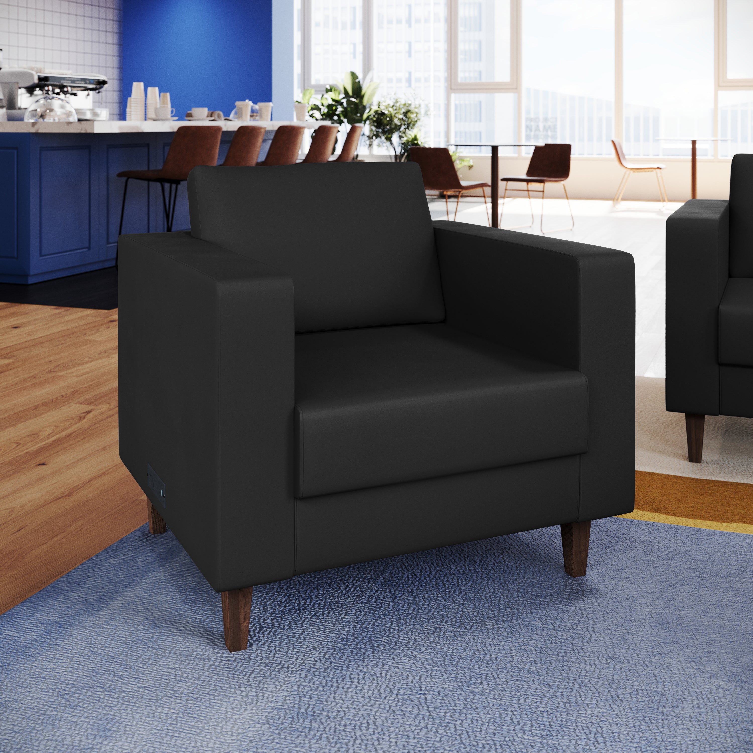 HERCULES Artemis Black LeatherSoft Reception Chair with 2 AC Outlets/1 USB/1 USB-C Ports and Solid Wood Walnut Legs with Adjustable Floor Glides