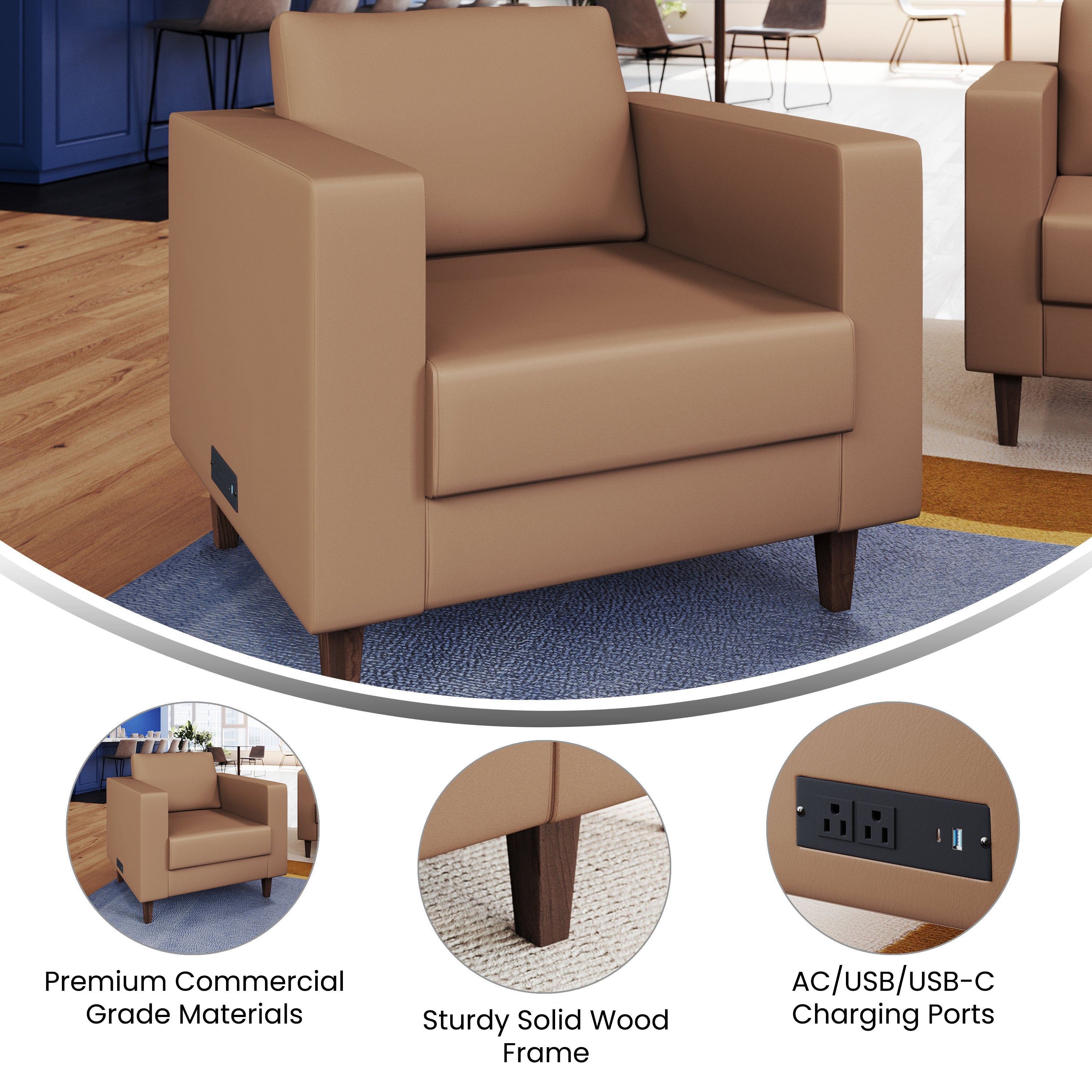 HERCULES Artemis Cognac LeatherSoft Reception Chair with 2 AC Outlets/USB/USB-C Ports and Solid Wood Walnut Legs with Adjustable Floor Glides