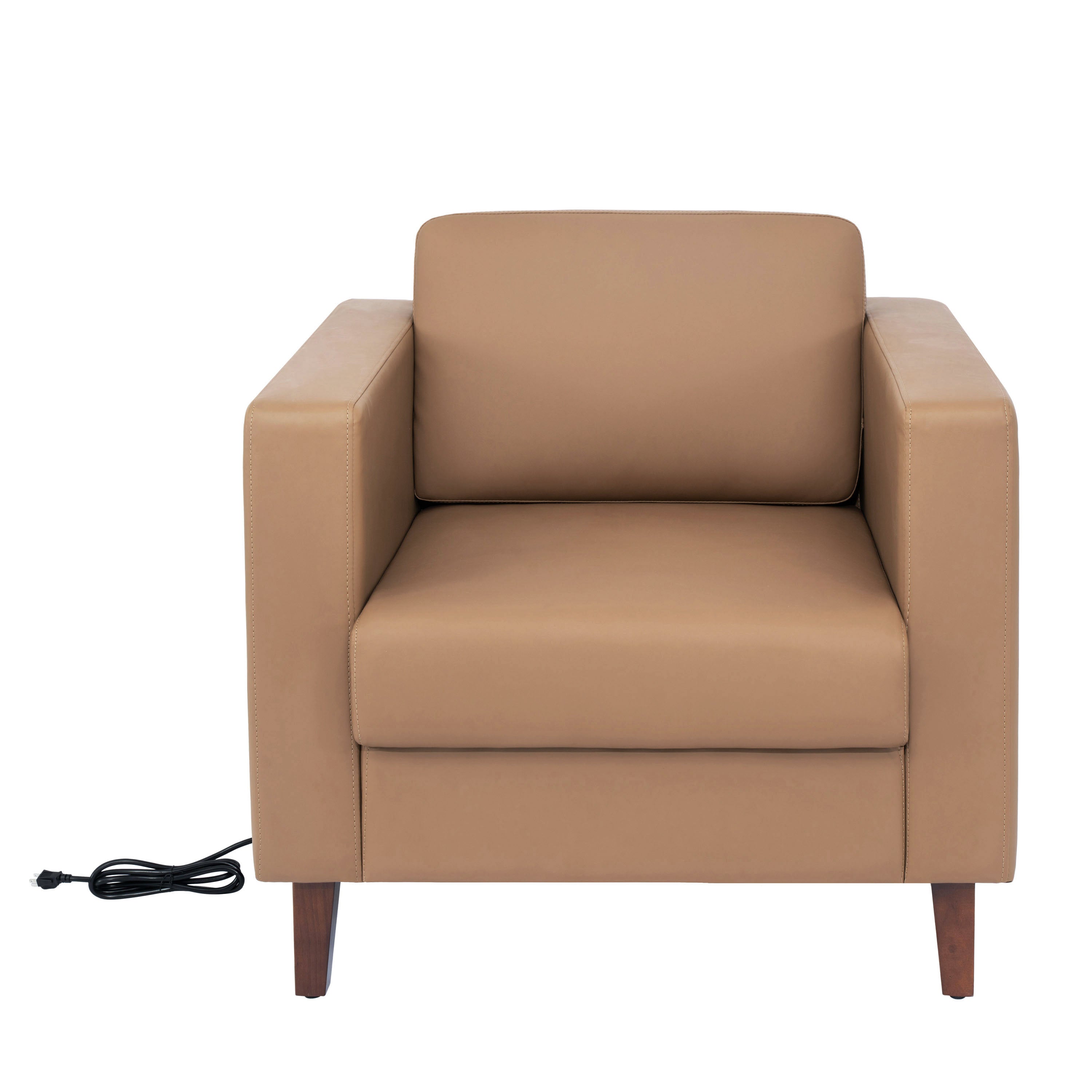 HERCULES Artemis Cognac LeatherSoft Reception Chair with 2 AC Outlets/USB/USB-C Ports and Solid Wood Walnut Legs with Adjustable Floor Glides