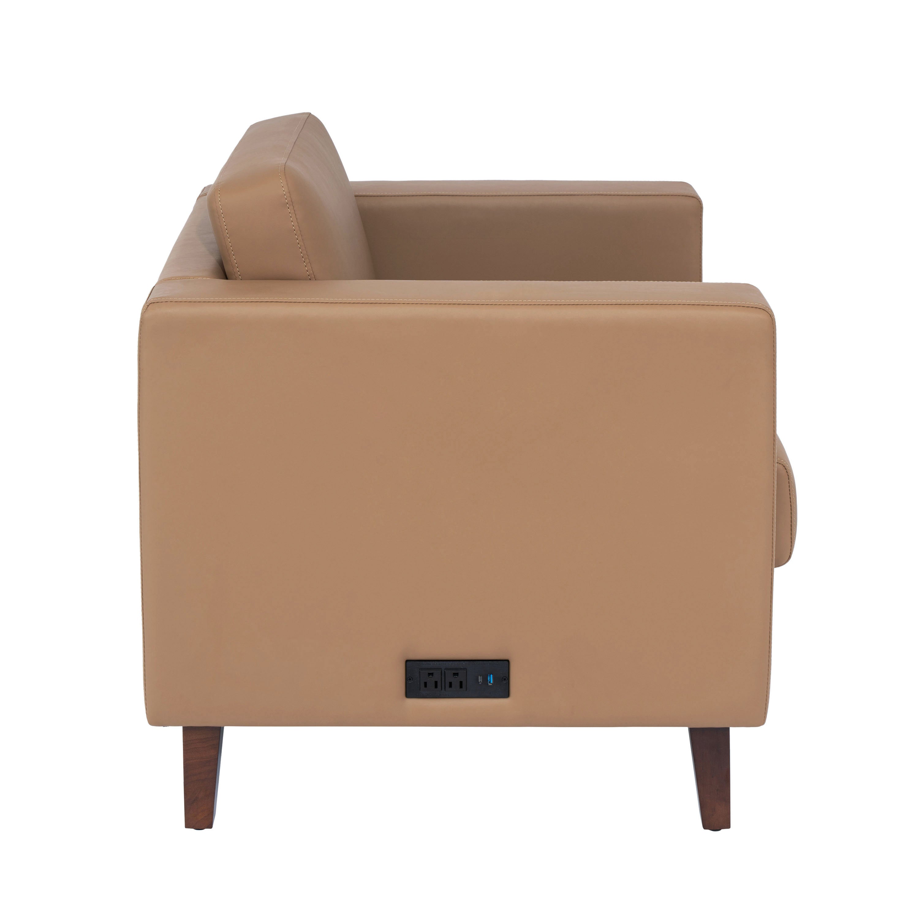 HERCULES Artemis Cognac LeatherSoft Reception Chair with 2 AC Outlets/USB/USB-C Ports and Solid Wood Walnut Legs with Adjustable Floor Glides